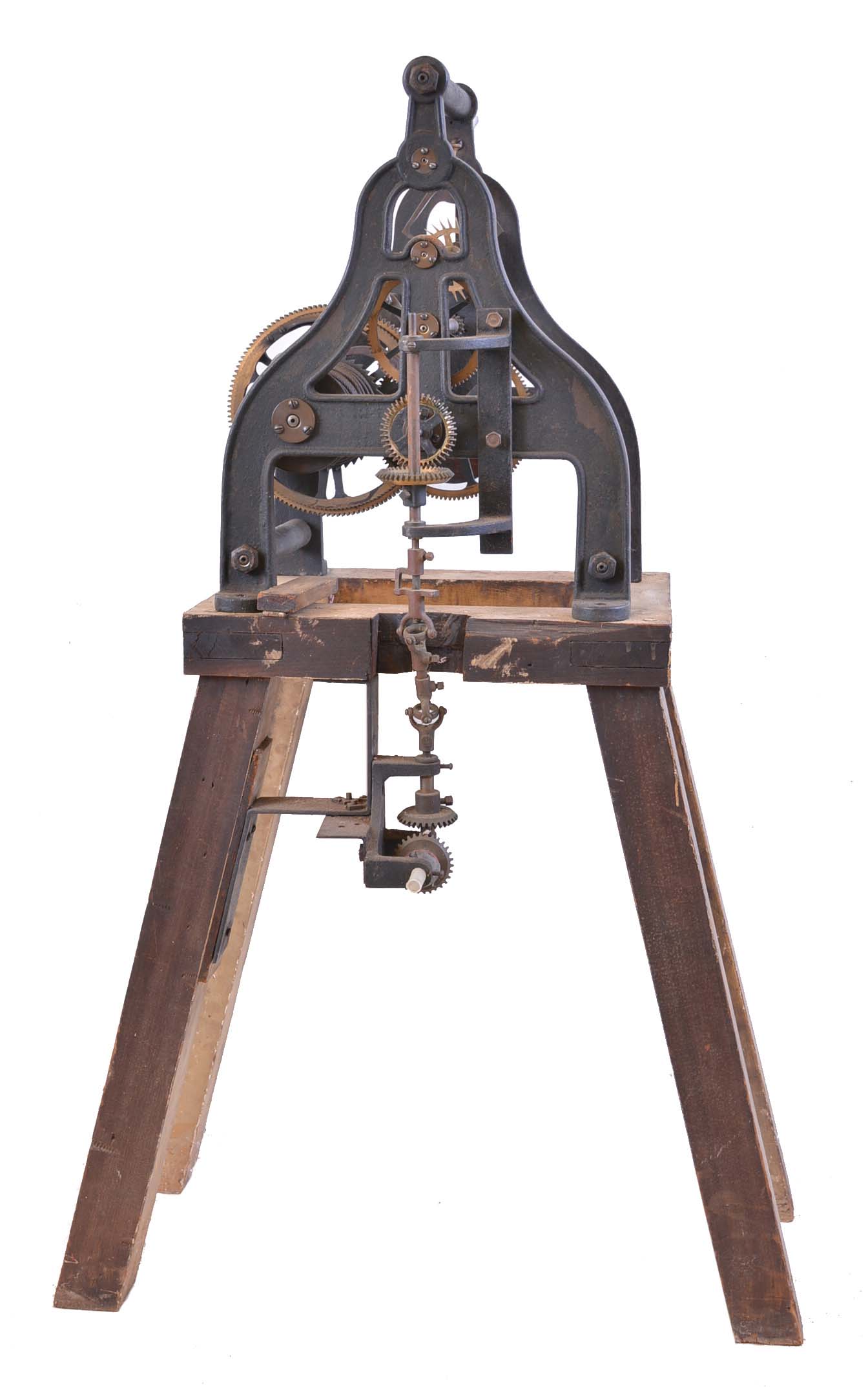 Probably Seth Thomas Clock Co., Thomaston, Conn., "Tower Clock No. 0", 8 day, time only, weight driven cast iron frame movement on white lead painted stand with pendulum, weight and crank — Antique Clocks Price Guide