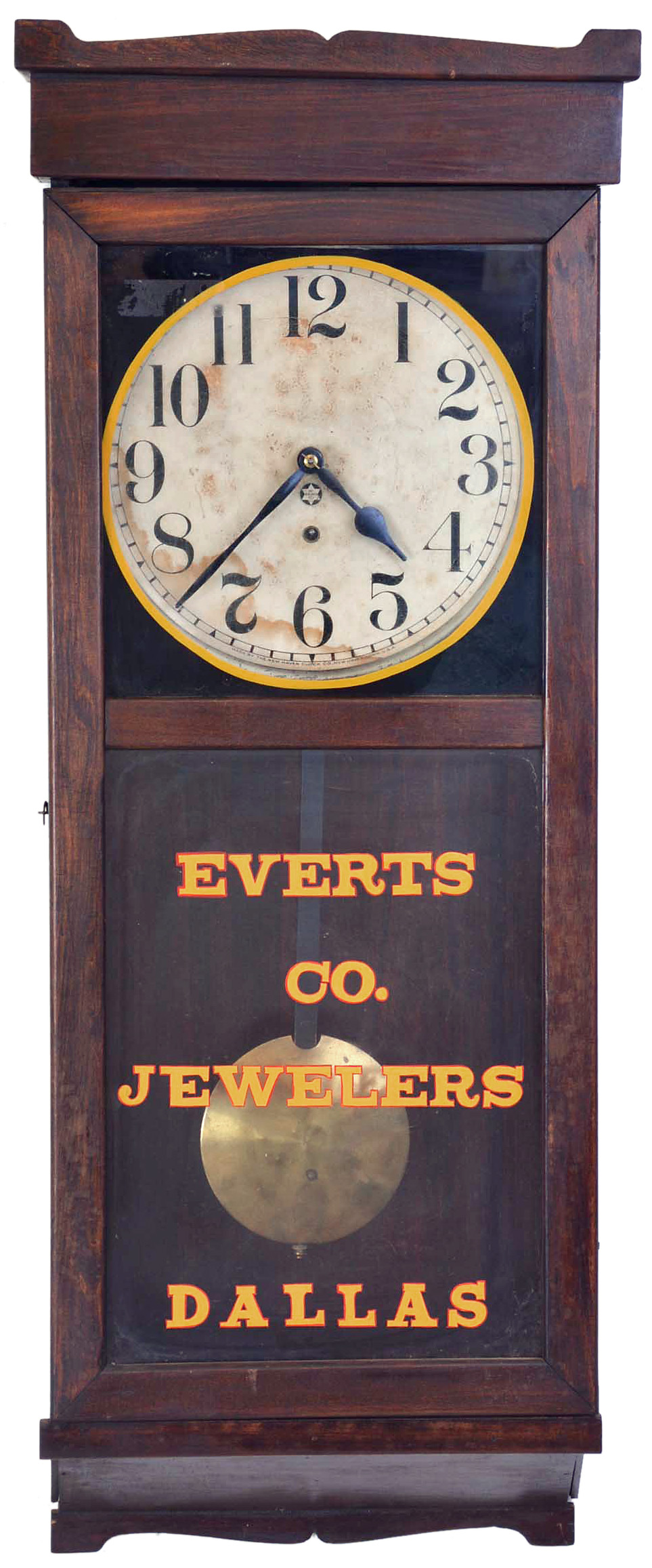 Clocks- 5 (Five): (1) Unmarked short drop school clock with a spring driven 8 day timepiece movement in a rosewood veneered case, c1890. (2) Waterbury, Conn., short drop hanging clock with a spring driven 8 day time, strike and simple calendar mechanism in a rosewood veneered case, c1890. (3) New Haven Clock Co., New Haven, Conn. No.3043 wall clock in a mahogany finish with a 8 day time only movement, c1917. (4) F. Kroeber Clock Co., NY, "Regulator No. 31" wall clock with a spring driven 8 day time and strike movement in a walnut case with carved trim, c1875. (5) Chelsea Clock Co., Boston, Mass., 8 day, spring brass lever movement in a bakelite case wardroom timepiece, c1954. — Antique Clocks Price Guide