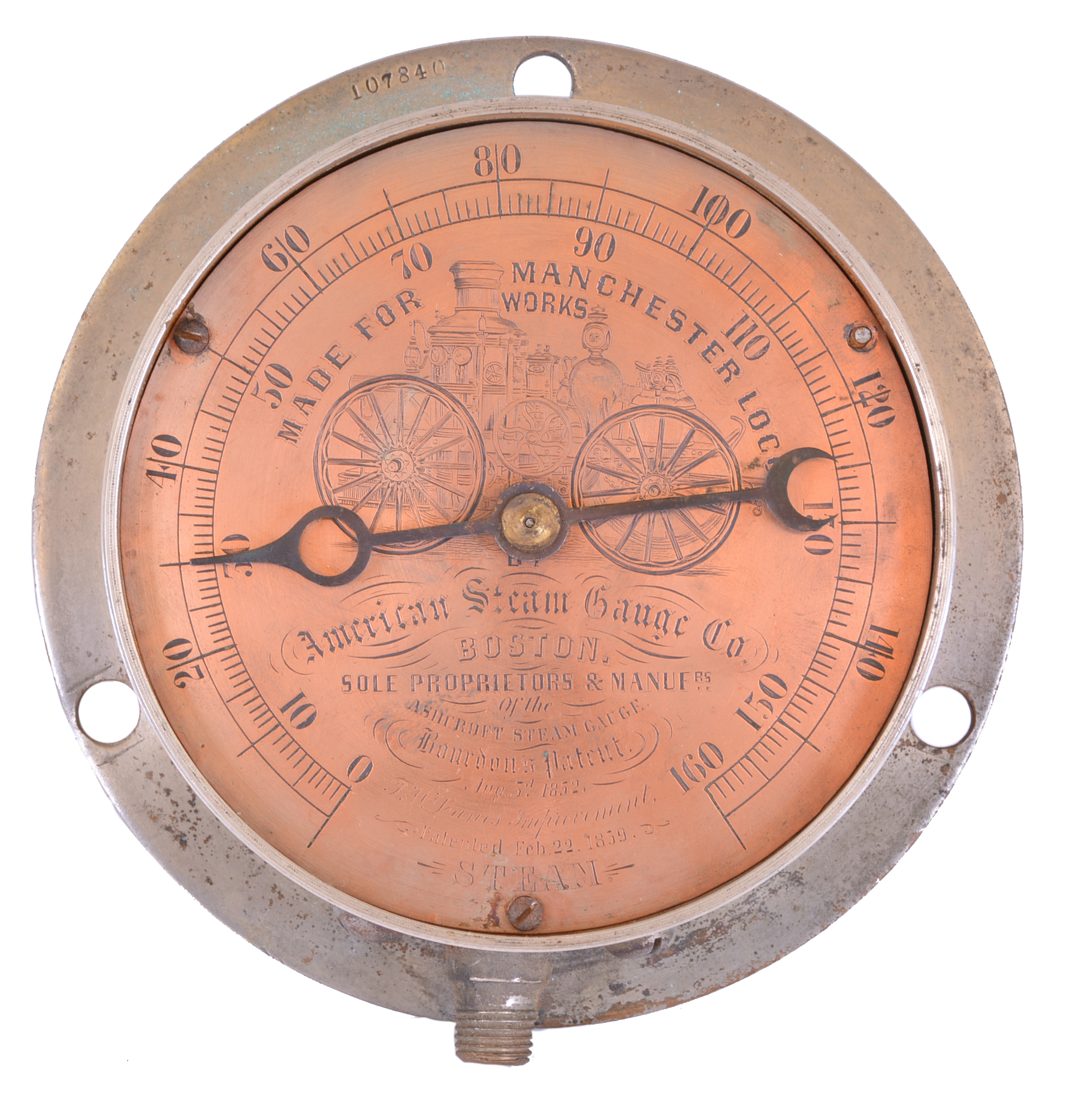 American Steam Gauge Co., Boston, Mass., steam gauge in brass case with 5 1/4" dial picturing an Amoskeag fire engine and engraved "MADE FOR MANCHESTER LOCO WORKS"  and "SOLE PROPRIETORS & MARFRS of the ASHCROFT STEAM GAUGE Bourdon's Patent. Aug. 3d. 1852.T.W. Lane's Improvement Patented Feb. 22 1859." — Antique Clocks Price Guide