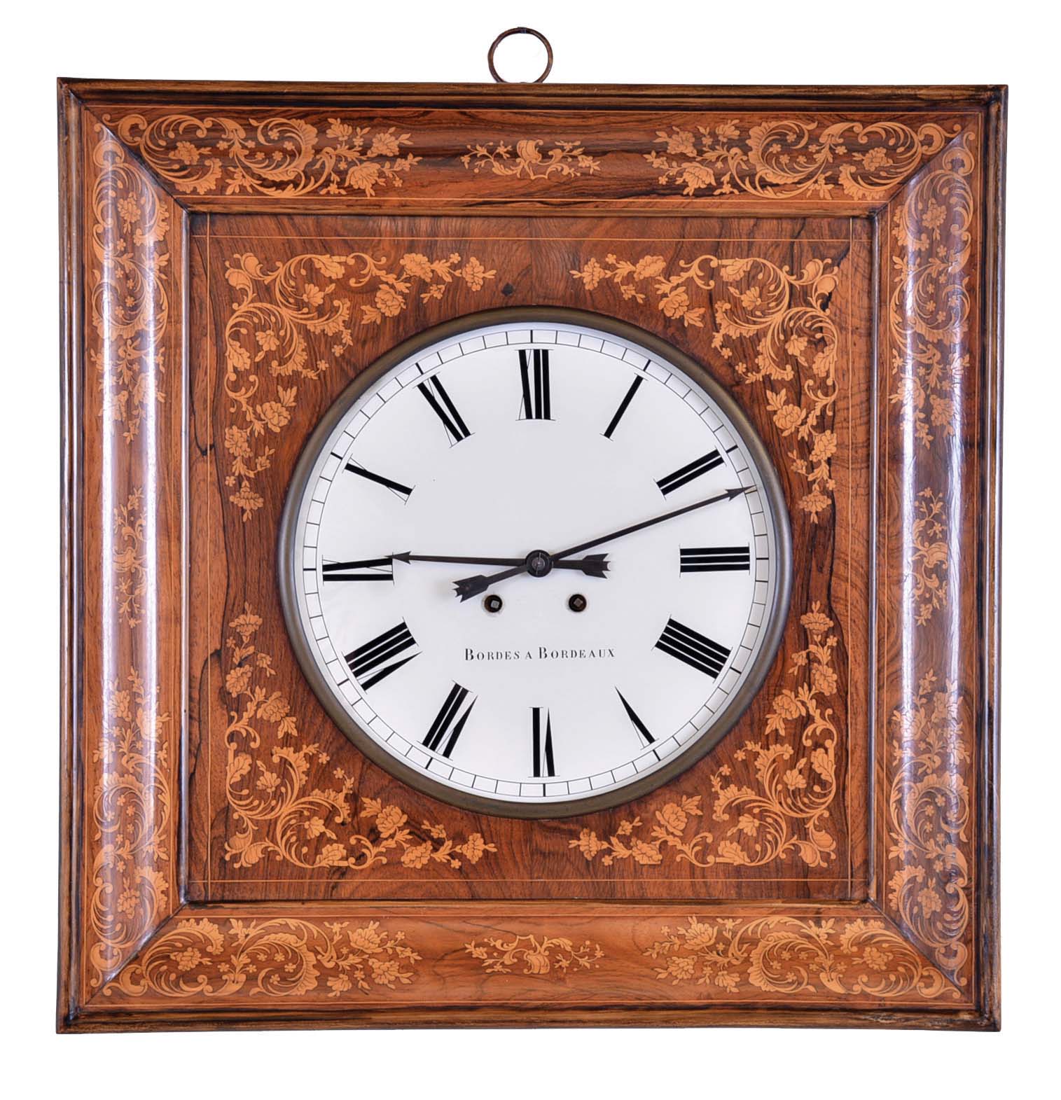 Bordes a Bordeaux, France, wall clock, 8 day, time and strike, spring driven movement with silk thread suspension in a rosewood case with satinwood inlaid marquetry and 12 inch reverse painted on glass Roman numeral dial with maker's signature — Antique Clocks Price Guide