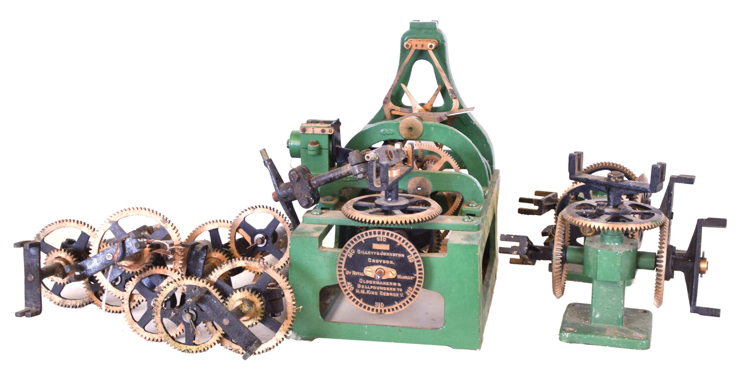 Gillett & Johnston, Croyden, English small tower clock movement, single- train time- only double- three- legged gravity escapement, c1920 — Antique Clocks Price Guide