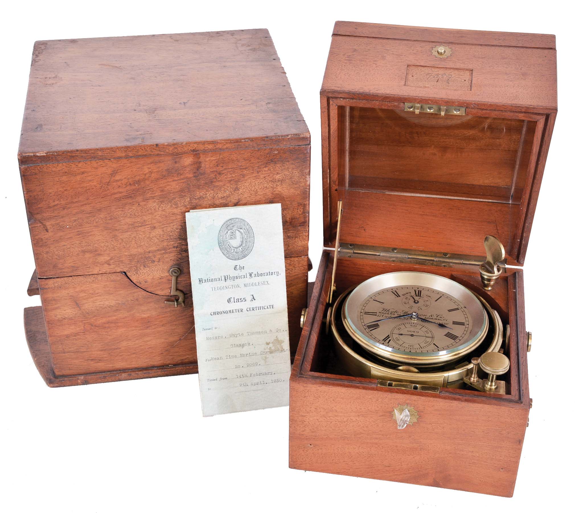 Whyte, Thomson & Co., Glasgow, Scotland, two day marine chronometer with boxes and certificate, the fusee movement with spotted plates, Z balance, helical balance spring, and spring detent, Roman numeral silvered dial with wind indicator, blued steel spade and poker hands, two tier mahogany box with gimballed tub and brass hardware, all contained in an outer mahogany box, serial #9089, with Class A Chronometer Certificate from the National Physical Laboratory at Teddington, [England} dated 1930 — Antique Clocks Price Guide
