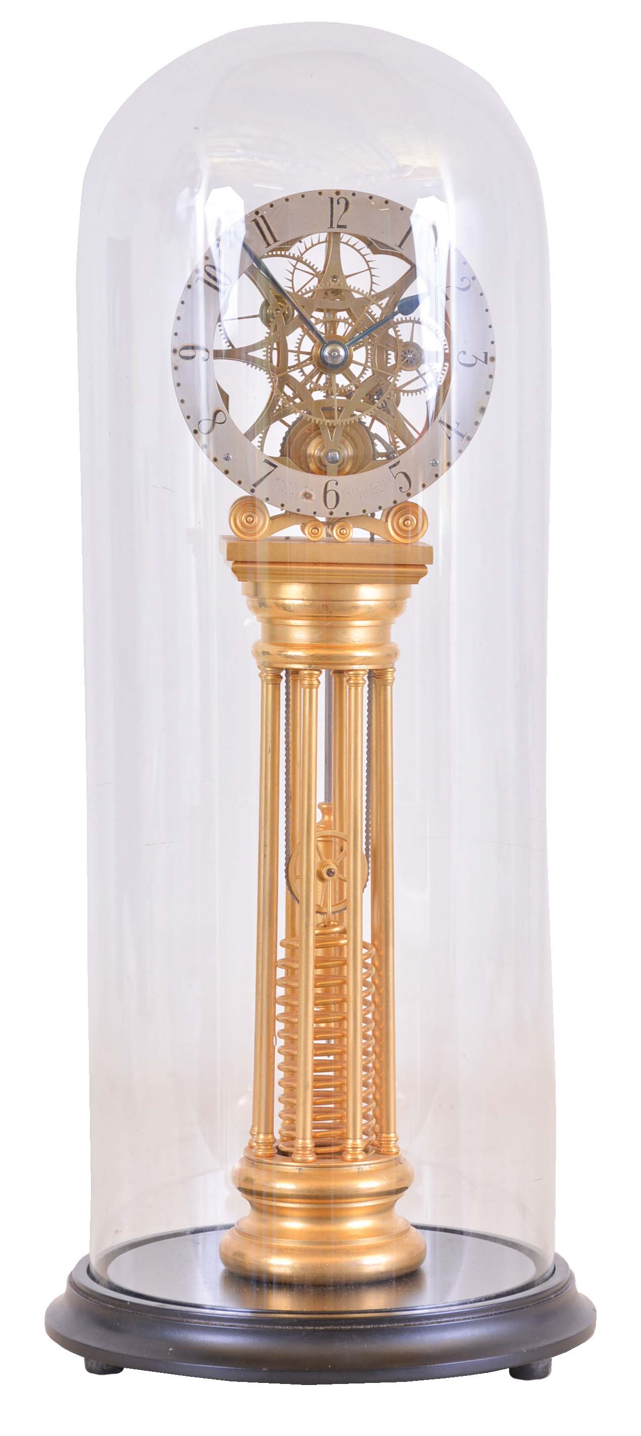 William Smith, Musselburgh, [Scotland] skeleton clock with helical mainspring, gilt, column form base supporting the skillfully pierced and finished 8 day fusee timepiece movement, and containing the mainspring, silvered dial marked "Wm. Smith Musselburgh Maker & Inventor", blued steel hands, brass and steel pendulum, with dome and base — Antique Clocks Price Guide