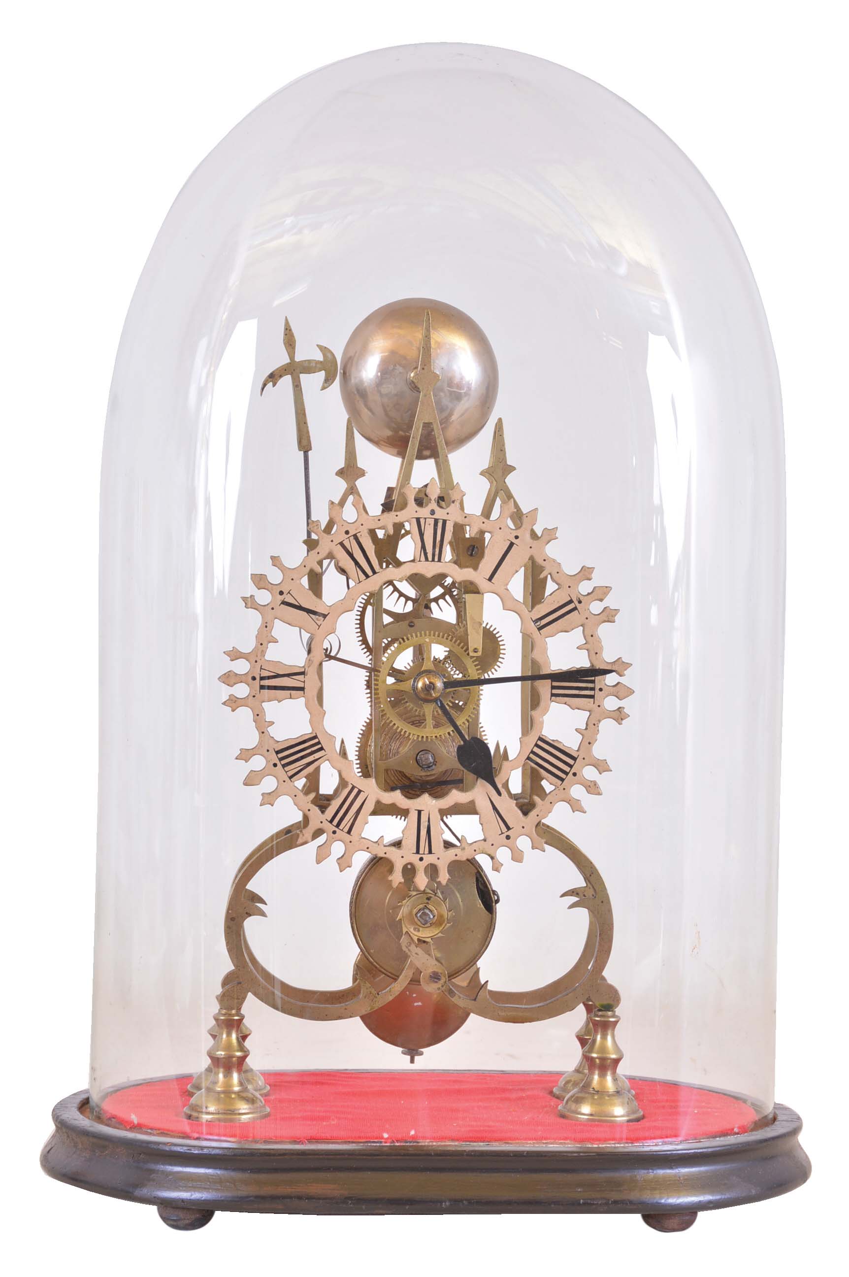 England, skeleton clock, the eight day fusee timepiece with passing strike, Gothic style frames and Roman numeral, painted, pierced brass dial, black painted steel hands, mounted to a red velvet lined, ebonized wooden base with dome — Antique Clocks Price Guide