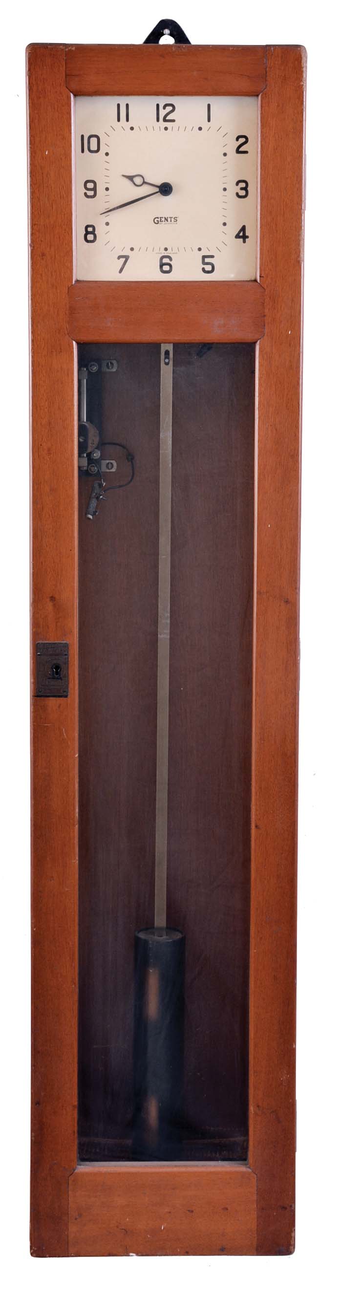 Gents of Leicester, England, C7 Pul- Syn- Etic master clock, mahogany case with glazed door, Arabic numeral white painted dial, and invar pendulum with cylindrical ball, the pendulum receiving impulse every thirty seconds from a falling gravity arm, as in the Synchronome master clocks — Antique Clocks Price Guide