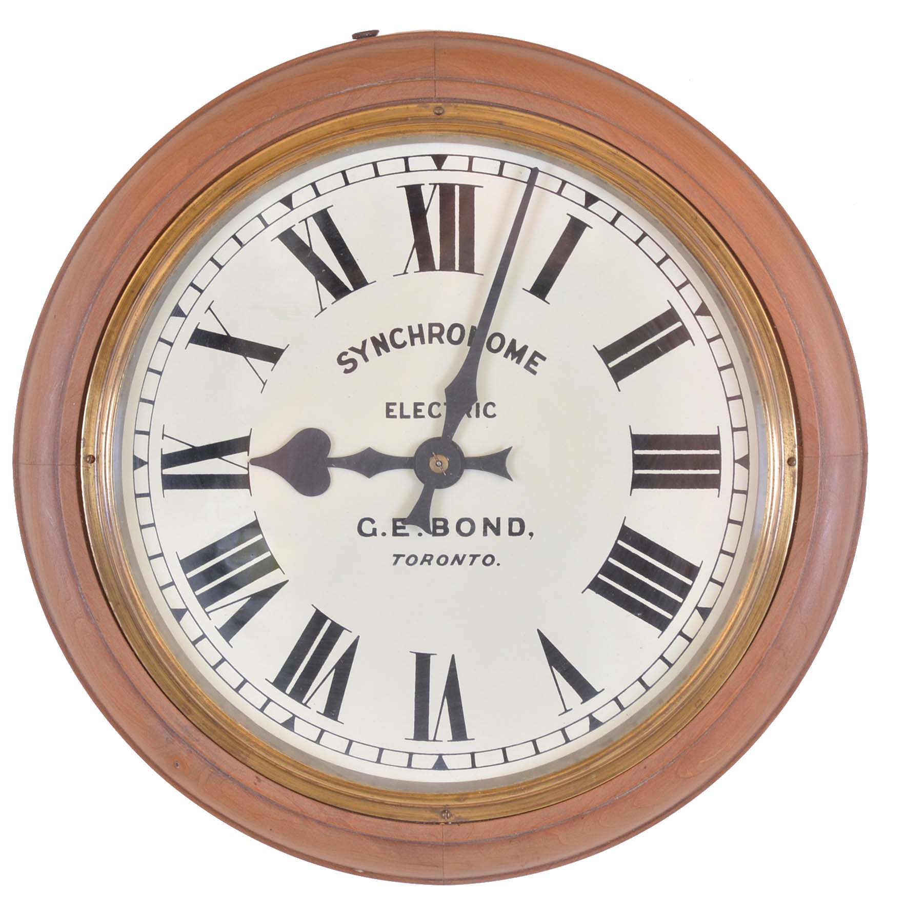 The Synchronome Co., Ltd., England, slave clock, turned cherry case with Roman numeral white painted dial, black painted steel hands — Antique Clocks Price Guide
