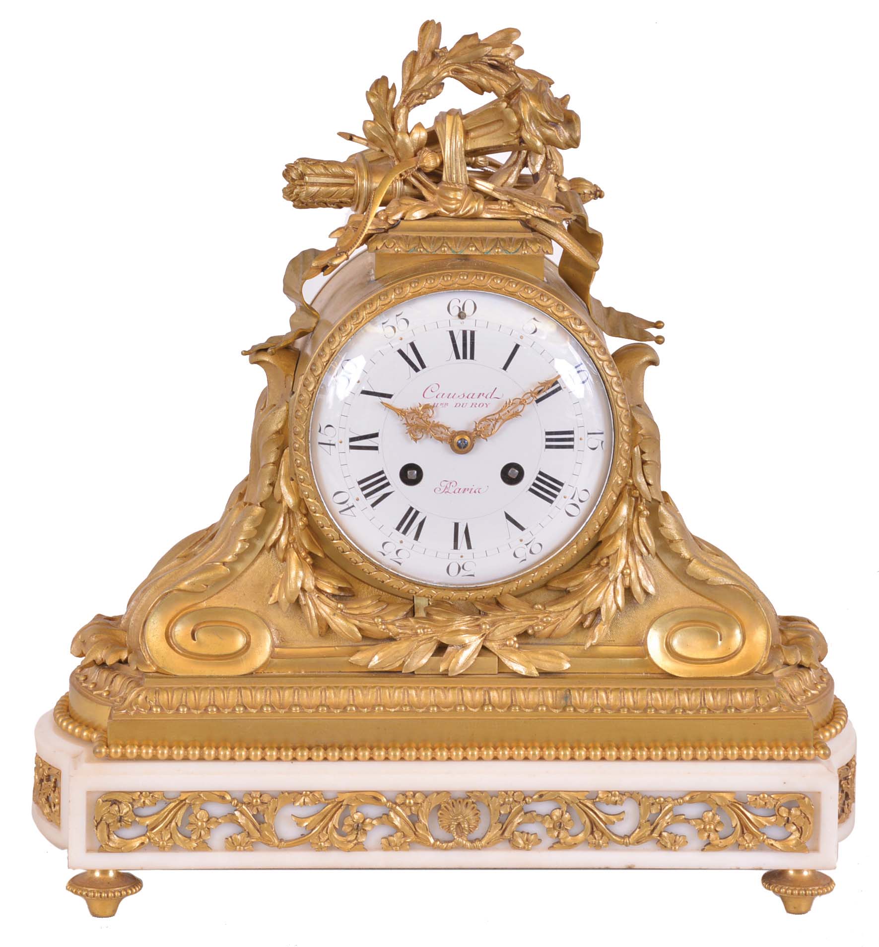 France, a marble and gilt bronze mantel clock, white marble base on gilt feet with recessed panels containing gilt, foliate ornament, the upper section with gilt, acanthus decorated scrolls supporting the cylindrical case, and surmounted by a trophy incorporating a bow, arrows, quiver, and torch, encircled by a laurel wreath, Roman numeral white enamel dial signed "Causard Her. Du Roy A Paris", gilt Louis XV style hands, 8 day time and strike pendule de Paris movement — Antique Clocks Price Guide