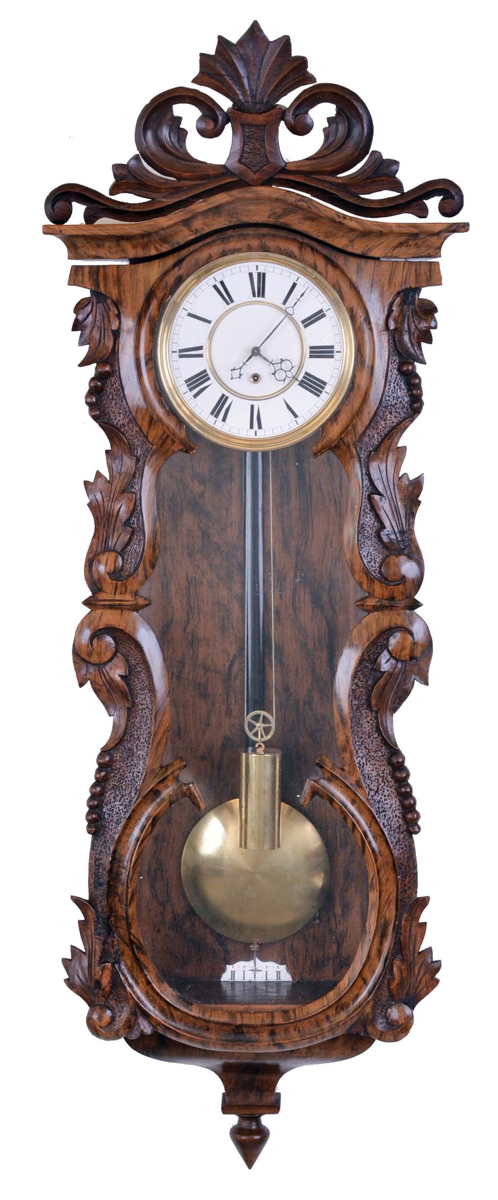 Austria, hanging regulator, walnut case with carved, serpentine front, carved crest, and grain painting, Roman numeral, two piece enamel dial, blued steel hands, 8 day timepiece movement, brass pendulum with wooden rod, and brass weight — Antique Clocks Price Guide
