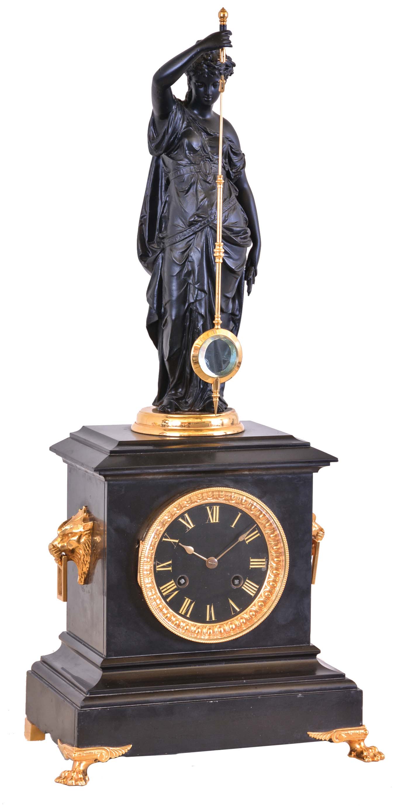 Guilmet, France, mystery clock, black slate case with gilt paw feet and gilt lion mask handles, surmounted by a patinated female figure, her right hand held aloft, and suspending the pendulum, impulsed through the nearly imperceptible movement of the gilt base on which the she stands, Roman numeral slate dial, gilt spade hands, 8 day time and strike movement with Guilmets mark, and numbered 281 — Antique Clocks Price Guide
