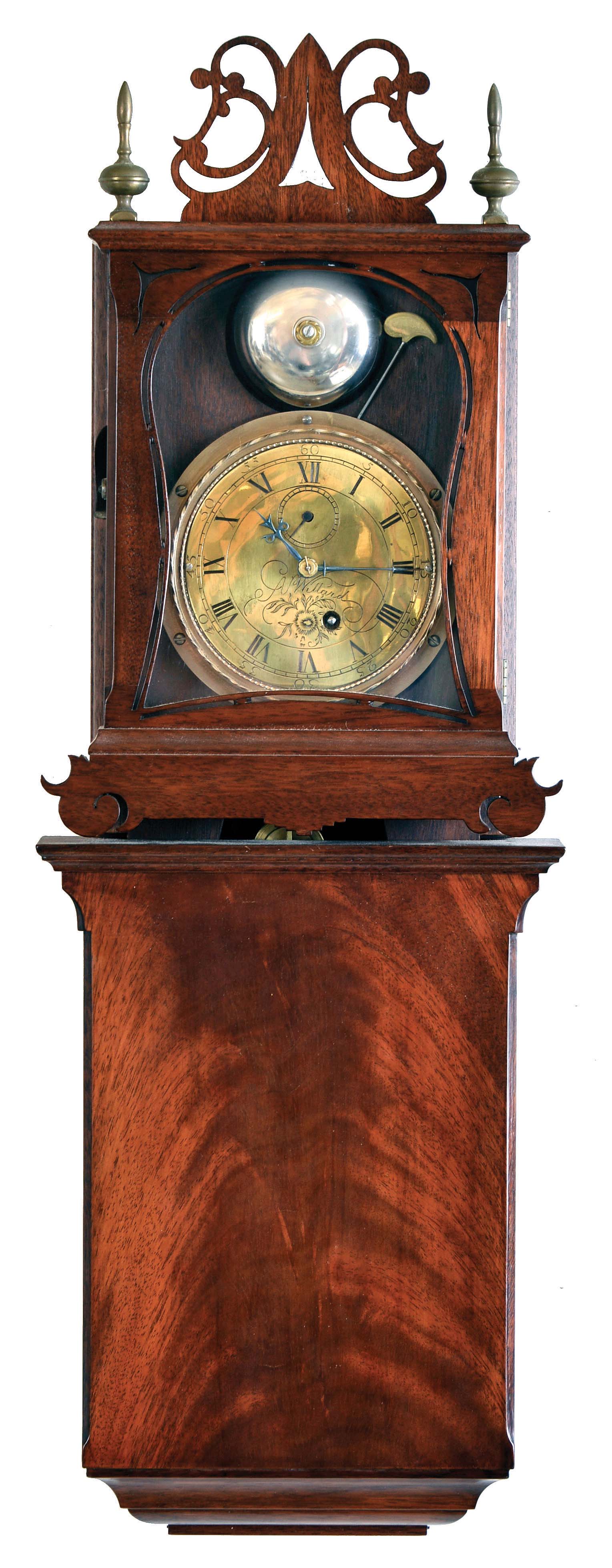 Ted Burleigh, Jr., Winchester, Mass., 8 day, weight brass movement reproduction of an Aaron Willard "Grafton Wall Clock". This is number 11 of 50. This timepiece originally retailed for $2,700. The original Willard models only ran 30 hours. — Antique Clocks Price Guide