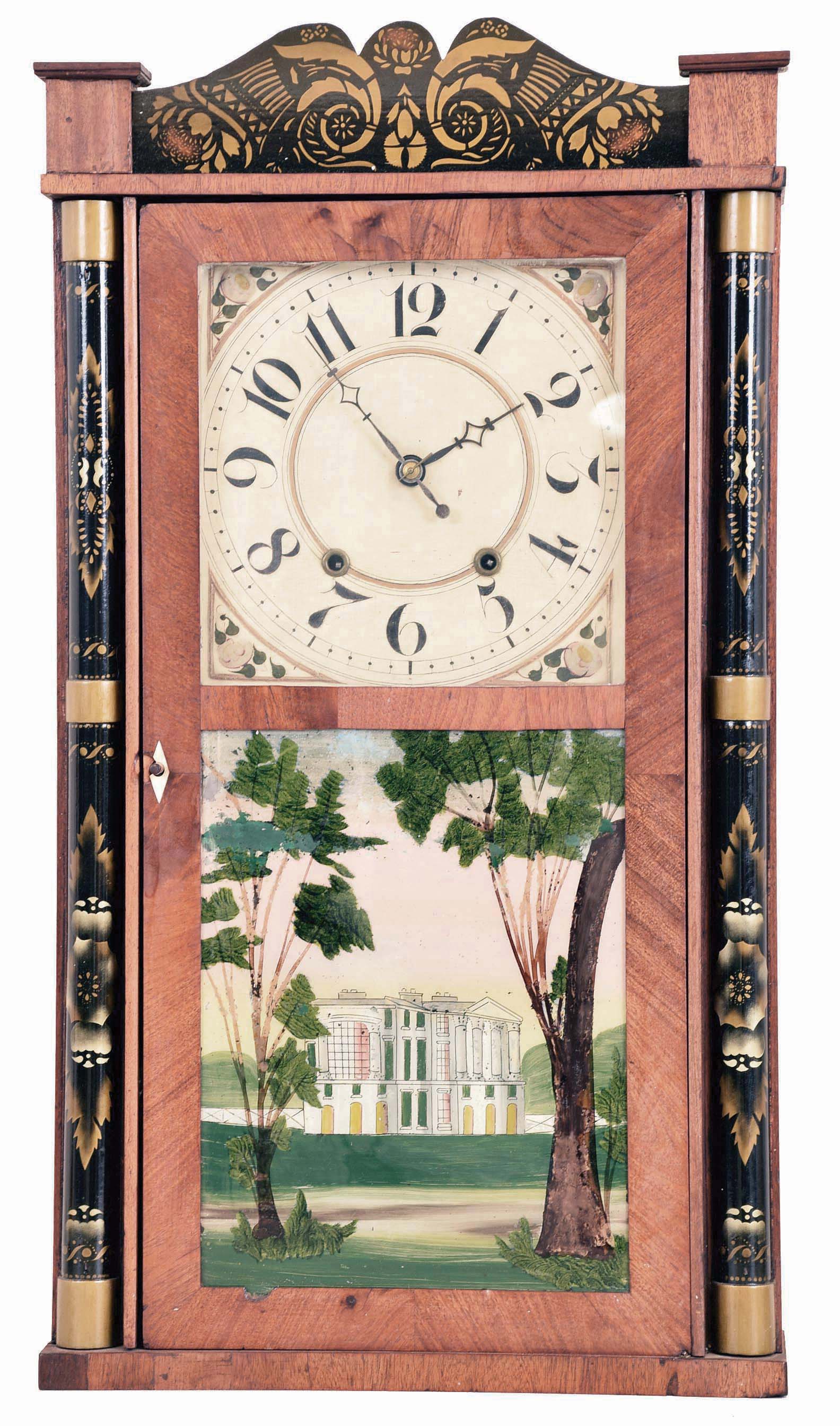 Silas Hoadley, Plymouth, Conn., 30 hour, time and strike weight wood movement half column & splat shelf clock. — Antique Clocks Price Guide
