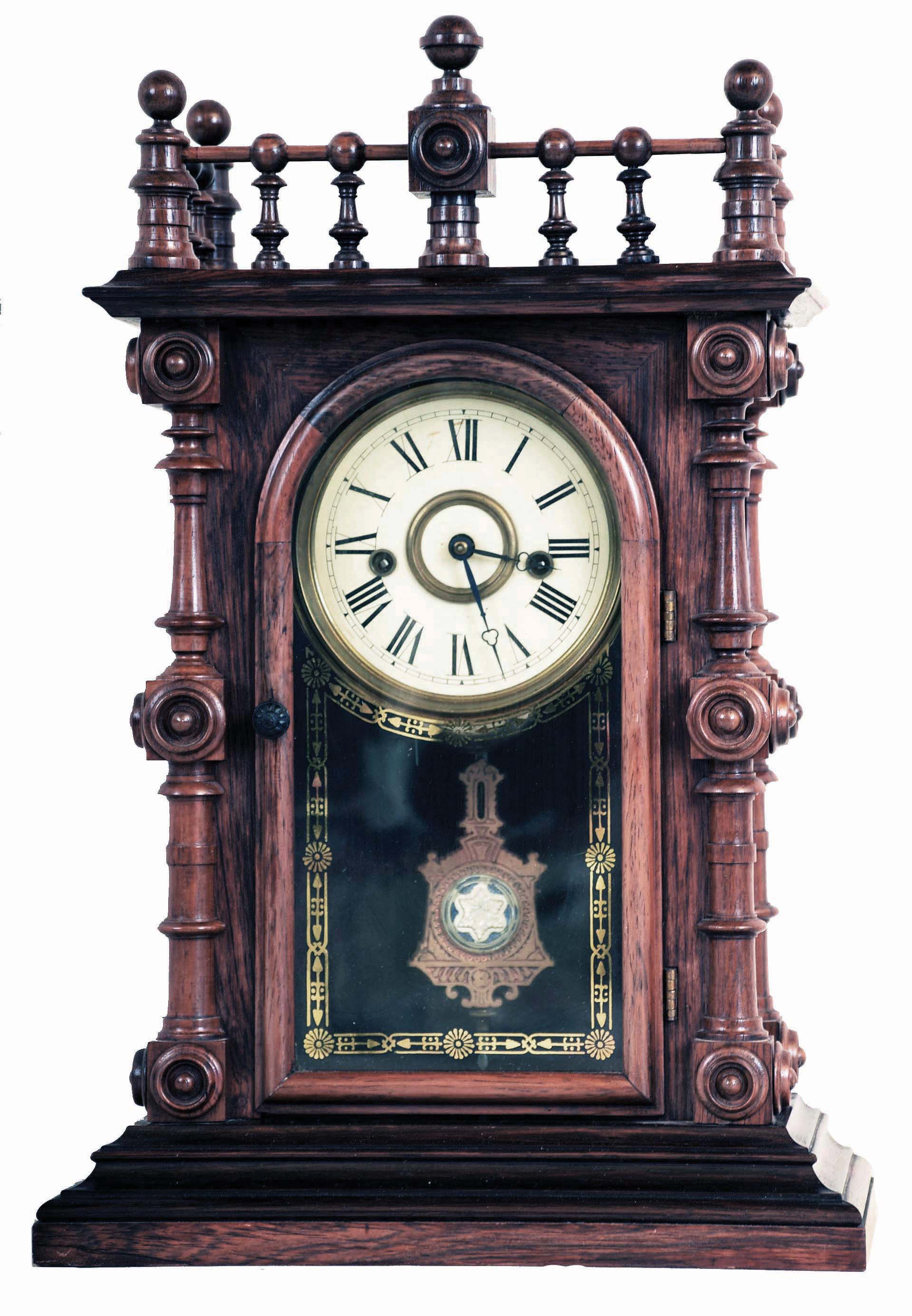 Welch, Spring & Co., Forestville, Conn., "Gerster, V.P.", 8 day, time and strike spring brass movement shelf clock. — Antique Clocks Price Guide