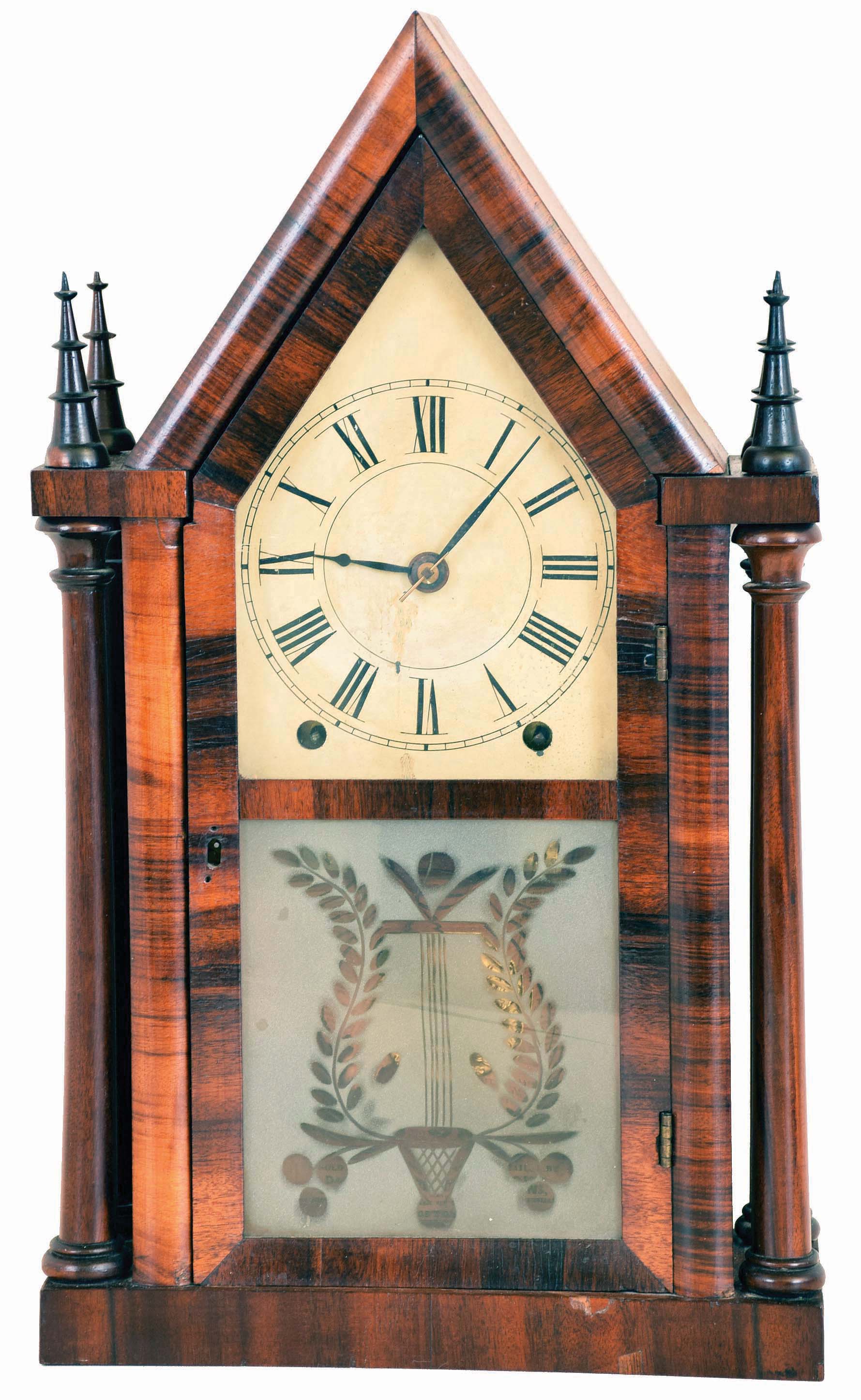 Daniel Pratt & Sons, Boston, Mass, (Brewster & Ingrahams) 8 day, time and strike spring brass movement 4- column Sharp Gothic or Steeple clock. — Antique Clocks Price Guide
