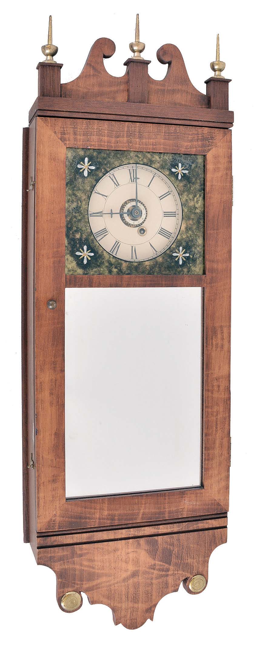 Michael Paul, Berea, Ohio, 30 hour, weight brass movement with weight alarm miniature timepiece copy of a New Hampshire mirror clock. This example is number 9 of 15. — Antique Clocks Price Guide