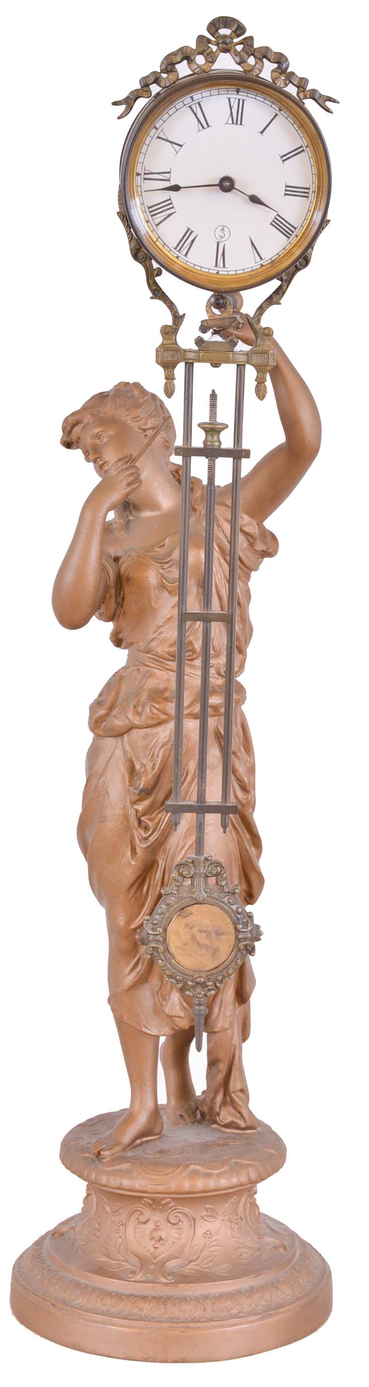 Ansonia Clock Co., New York, NY, "Juno Swing", female figure on a decorative cast base with her left arm held aloft, supporting the clock, the 8 day timepiece housed in a cylindrical case with bowknot ornament, attached to a gridiron style pendulum with ornamental ball — Antique Clocks Price Guide
