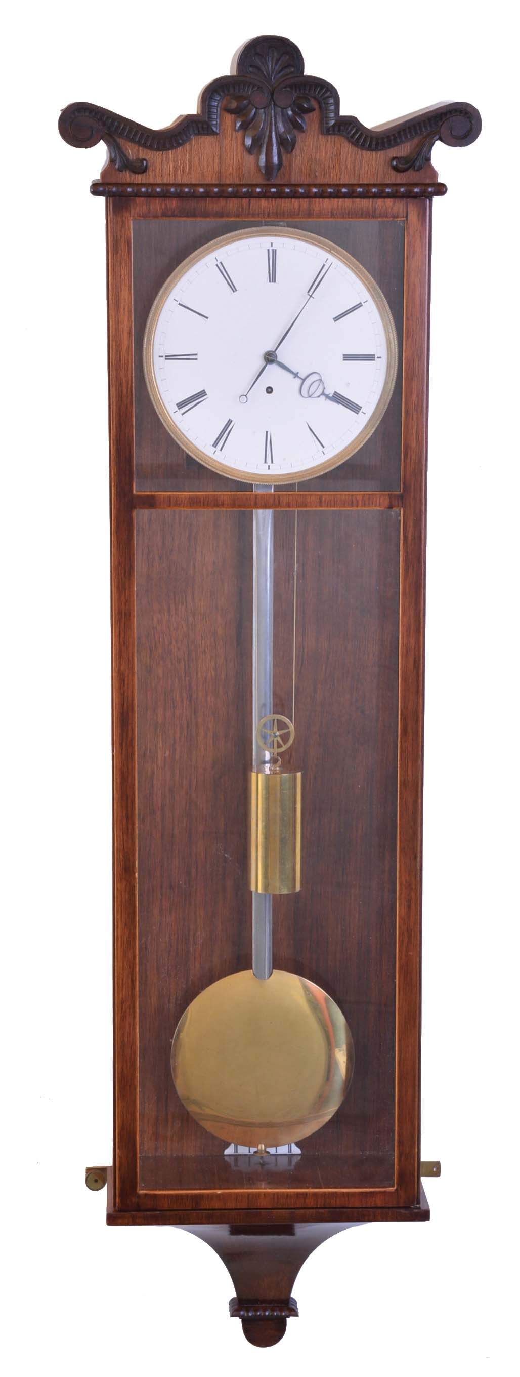 Austria, hanging regulator in the Biedermeier style, six light rosewood veneered case with contrasting banding and carved top trim, one piece Roman numeral porcelain enamel dial with fine cast & gilt bezel, finely cut blued steel hands, 8 day timepiece movement, brass pendulum with steel rod, and brass weight — Antique Clocks Price Guide