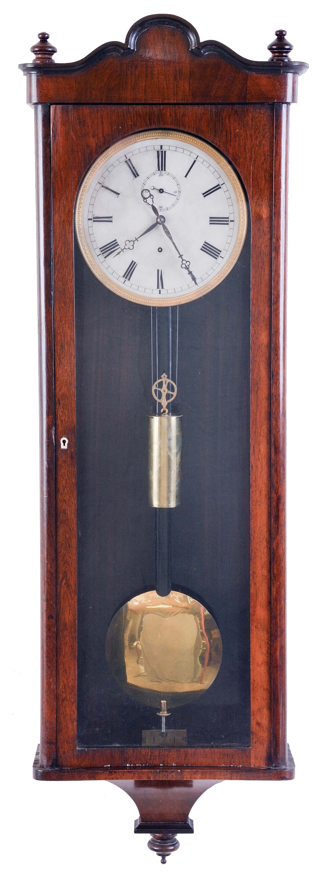 Germany, in Viennese style, a Biedermeier hanging regulator, rosewood veneered case with incurved bottom, and shaped top with narrow cavetto molding, Roman numerals on one piece alabaster or glass dial, 8 day timepiece movement, brass pendulum with ebonized wooden rod, brass weight. Seconds hand below 12. — Antique Clocks Price Guide