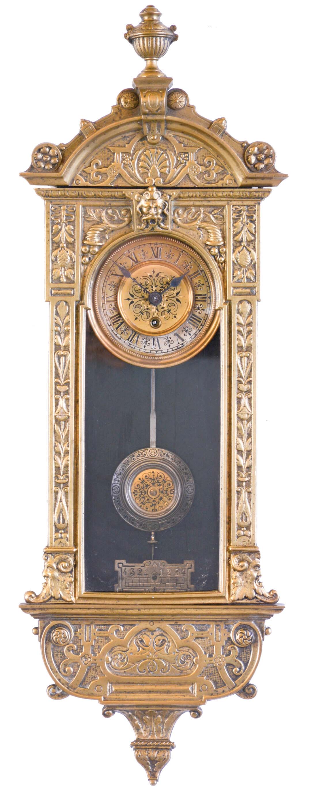 Rudolf Mayer, Germany, miniature Vienna style hanging regulator, cast brass ornamental case front attached to a wooden case with silvered beat scale, arch top with finial, back of top signed "Rud. Mayer Fec" and with his trade mark, glazed door with arched aperture, Roman numeral silvered dial with engraved, gilt center, the pendulum with matching decoration, blued steel hands, 8 day timepiece movement with dead beat escapement — Antique Clocks Price Guide