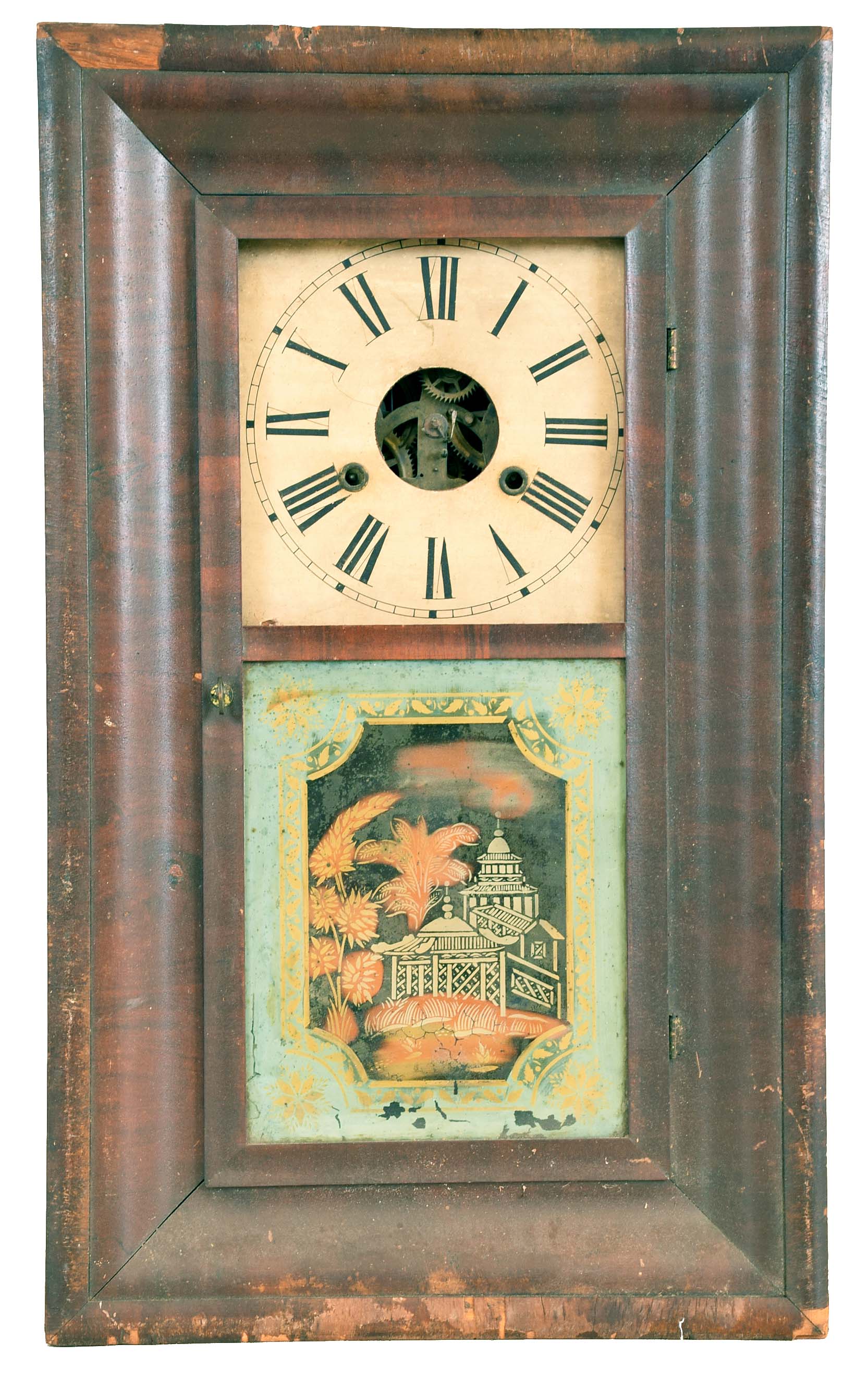 Clocks- 5 (Five) (1) Charles Stratton, Worcester, Mass. OG shelf clock with a 30 hour weight driven time and strike wooden works movement. label dated1841. (2) Elisha Manross, Bristol, Conn., OOG shelf clock with a 30 hour spring driven time and strike brass movement, c1850. (3) Chauncey Jerome, New Haven, Conn., OOG shelf clock with an 8 day weight driven time and strike brass movement, c1850. (4) Chauncey Jerome, New Haven, Conn., OG shelf clock with an 8 day weight driven time and strike brass movement, c1850. (5) Clarke, Gilbert & Co., Winchester, Conn. OG shelf clock with a 30 hour weight driven time, strike and internal alarm brass movement, c1845. — Antique Clocks Price Guide