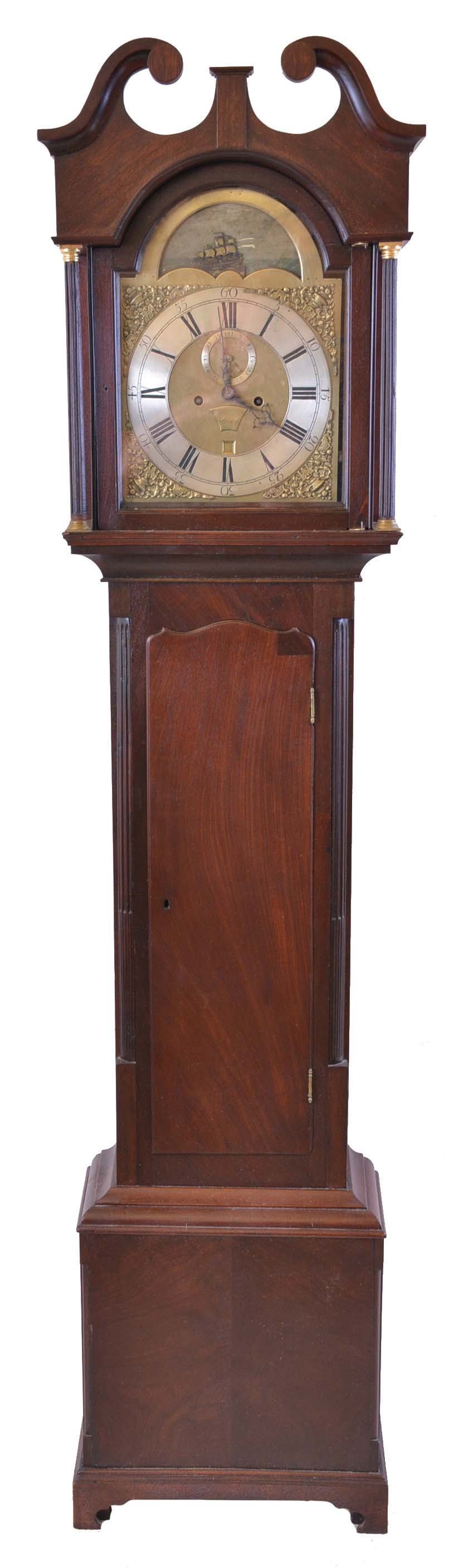 England, tall clock movement, 8 day, time and strike, weight driven movement, c. 1775 in an English or Scottish mahogany case with broken arch top, with reeded columns flanking hood and reeded corner columns flanking trunk door, c. 1800. The brass dial with silvered chapter ring has brass spandrels and rocking ship in arch with small subsidiary date calendar — Antique Clocks Price Guide