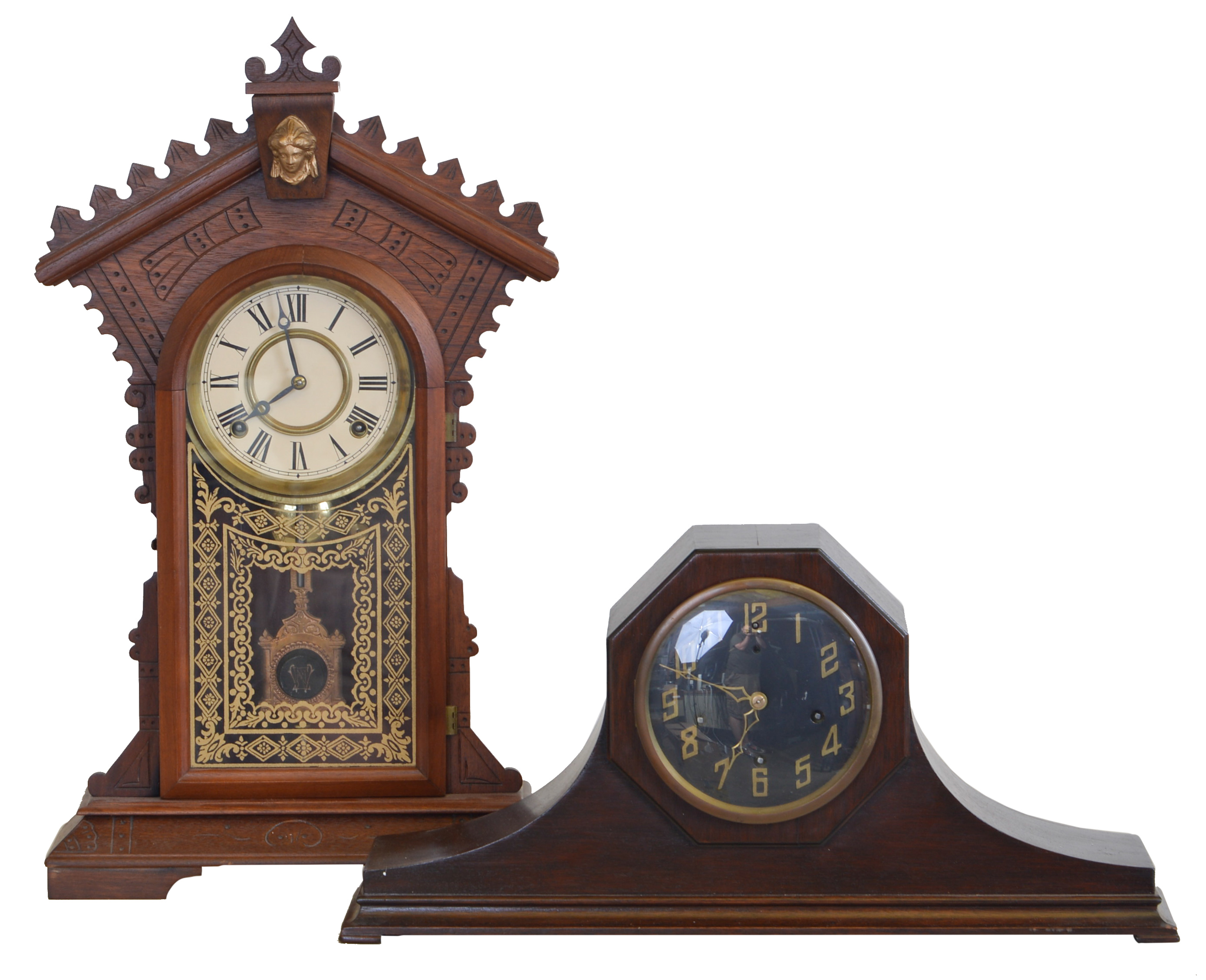 Clocks- 2 (Two): (1) E. N. Welch Clock Co., Forrestville, Conn., "Dolaro" shelf clock with an 8 day spring driven time and strike movement in a black walnut case, c1885. (2) New Haven Clock Co., New Haven, Conn., unidentified tambour clock with an 8 day spring driven time and Westminster strike movement in a mahogany case, c1930. — Antique Clocks Price Guide