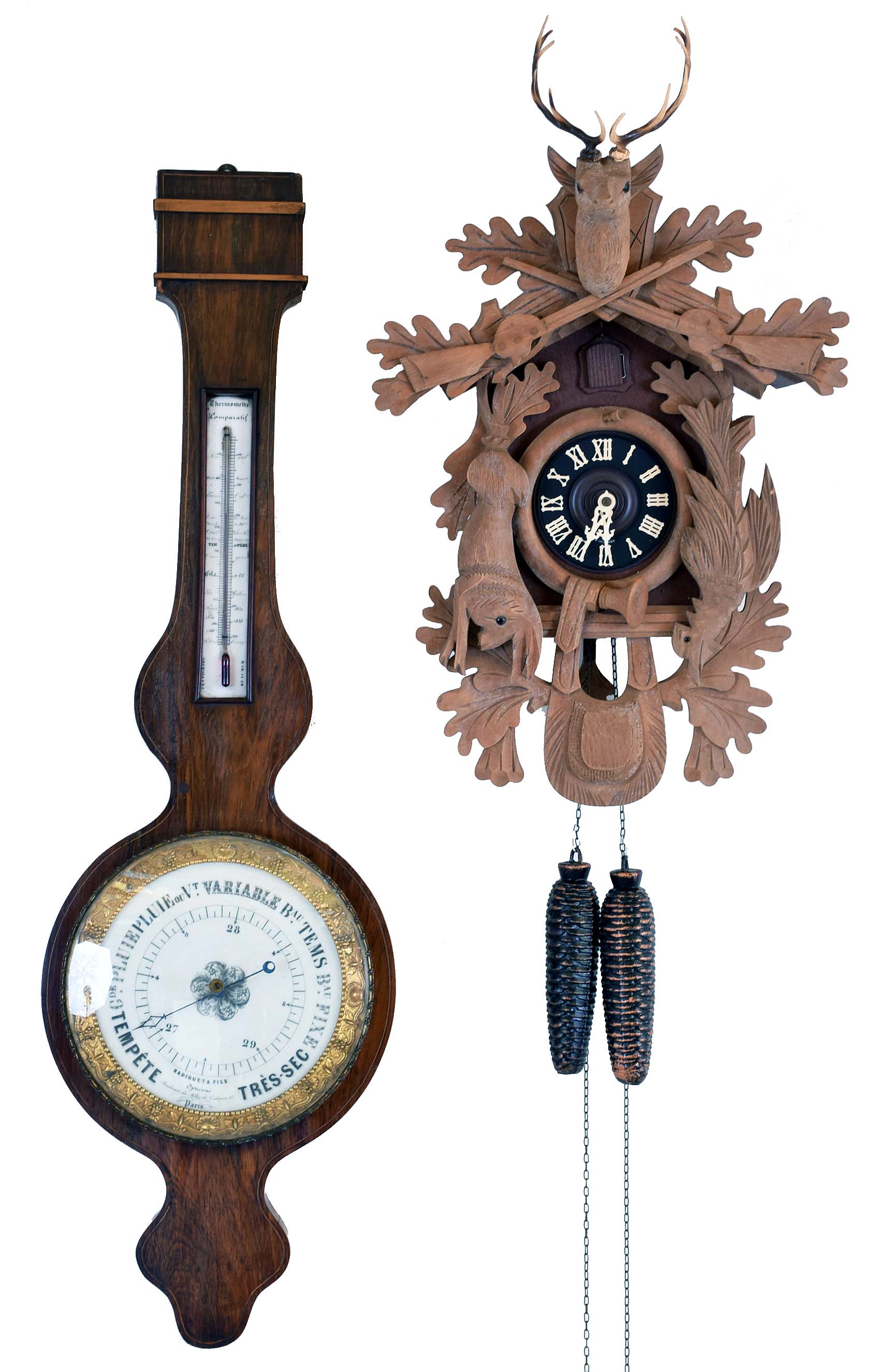 Clocks- 2 (Two): (1) French, Radiguet & Fils, Paris, wheel barometer, c1890 (2) German, 30 hour, time and strike weight brass movement cuckoo clock, c1970 — Antique Clocks Price Guide