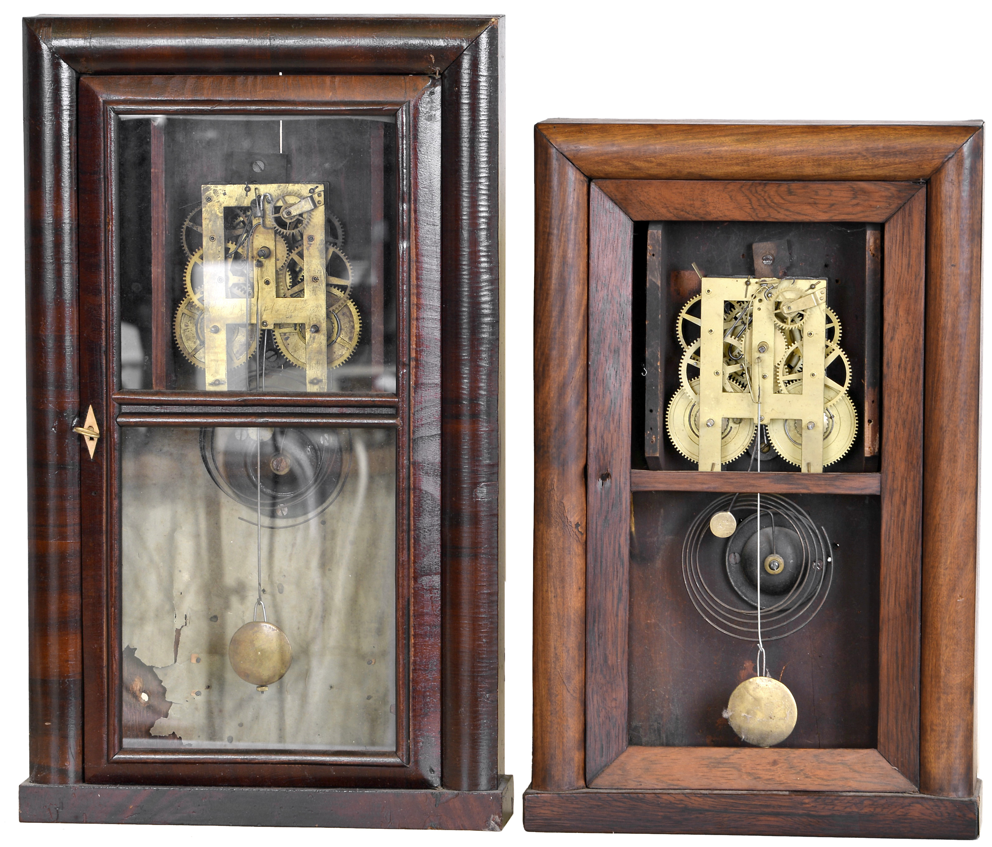 Clocks- 2 (Two): (1) E. C. Brewster, Bristol, CT 30 hour, time and strike spring brass and iron plate movement shelf clock, (2) E. C. Brewster, Bristol, CT 30 hour, time and strike spring brass and iron plate movement shelf clock., — Antique Clocks Price Guide