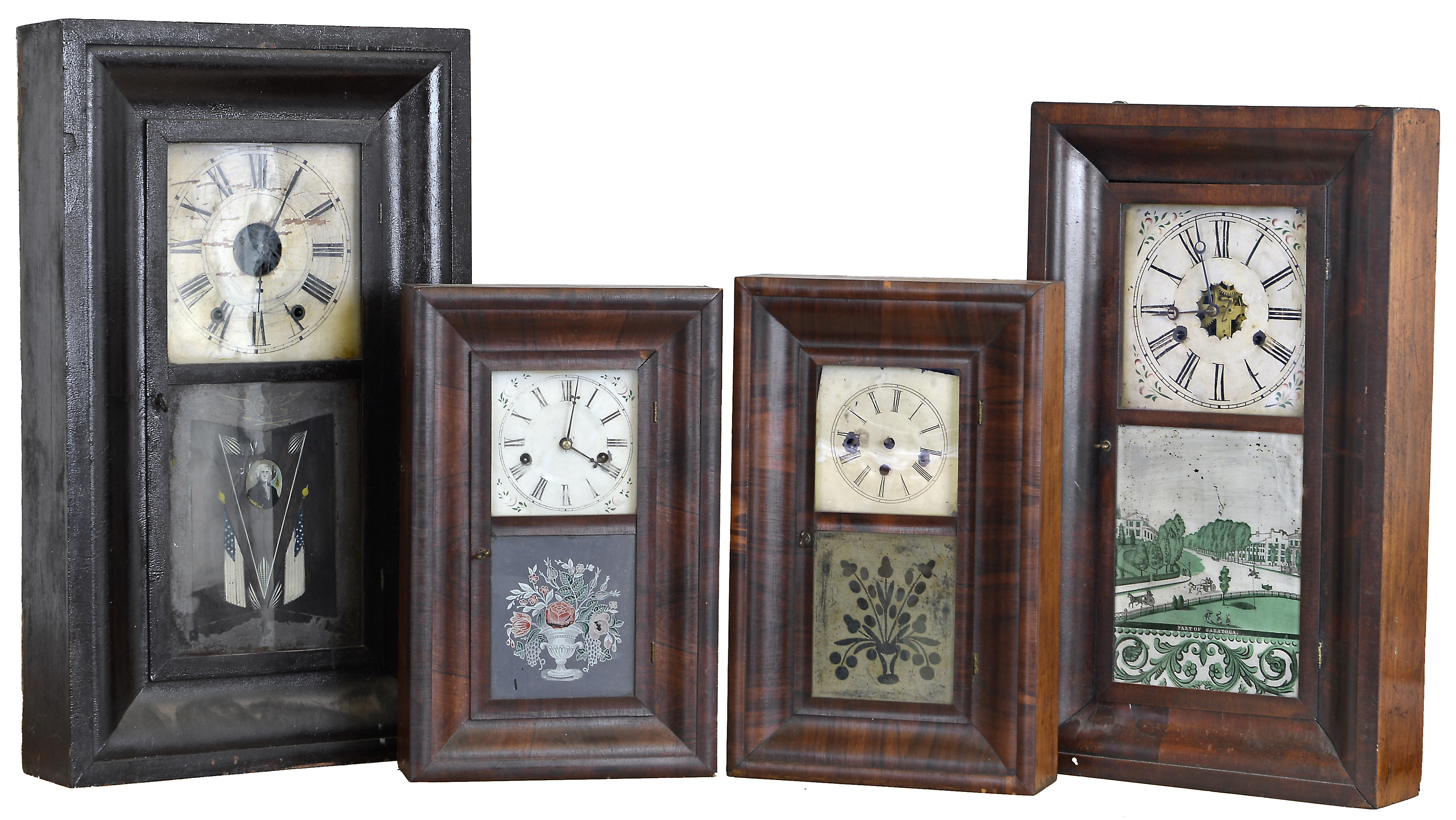 Clocks- 4 (Four): (1) Smith & Goodrich, Bristol, Conn., 30 hour, time and strike weight brass movement OG shelf clock, c1850 (2) E. N. Welch Mfg. Co., Forestville, Conn., 30 hour, time and strike spring brass movement OOG shelf clock, c1870 (3) Ansonia Brass Co., Ansonia, Conn., 30 hour, time and strike spring brass movement OOG shelf clock, c1865 (4) Sperry & Shaw, New York, 8 day, time and strike weight brass movement OG shelf clock, c1850 — Antique Clocks Price Guide