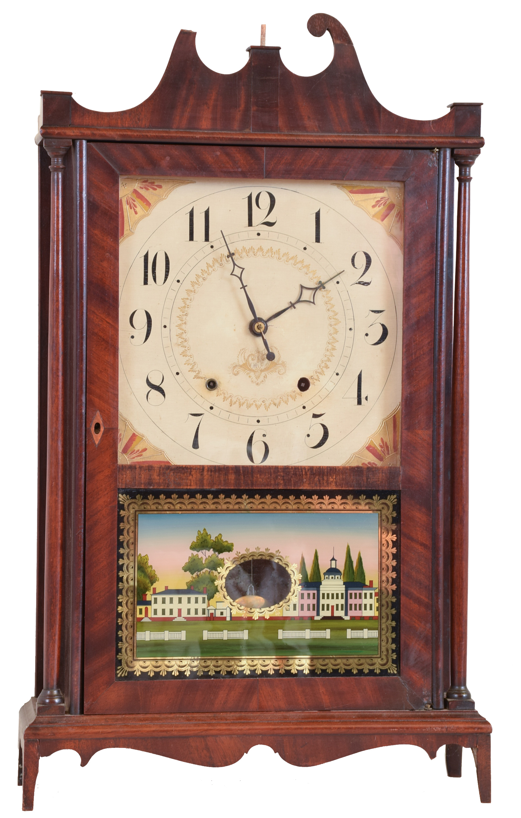 Clocks- 2 (Two): (1) Seth Thomas Clock Co., Plymouth Hollow, Conn., 30 hour, time and strike weight wood movement pillar & scroll shelf clock, c. 1823. (2) Jeromes & Darrow, Bristol, Conn., empty pillar & scroll case, c. 1830. — Antique Clocks Price Guide
