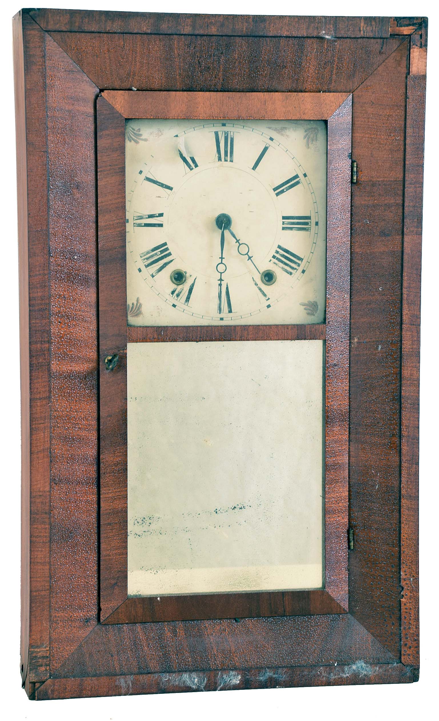 Clocks- 4 (Four): (1) E. N. Welch, Bristol, Conn., 8 day, time and strike weight brass movement OOG shelf clock, c1870 (2) William S. Johnson, New York, 8 day, time and strike weight brass movement OG shelf clock, c1845 (3) William S. Johnson, New York, 30 hour, time and strike weight brass movement bevel case shelf clock, c1845 (4) Chauncey Boardman, Bristol, Conn., 30 hour, time and strike weight wood movement bevel case shelf clock, c1840 — Antique Clocks Price Guide