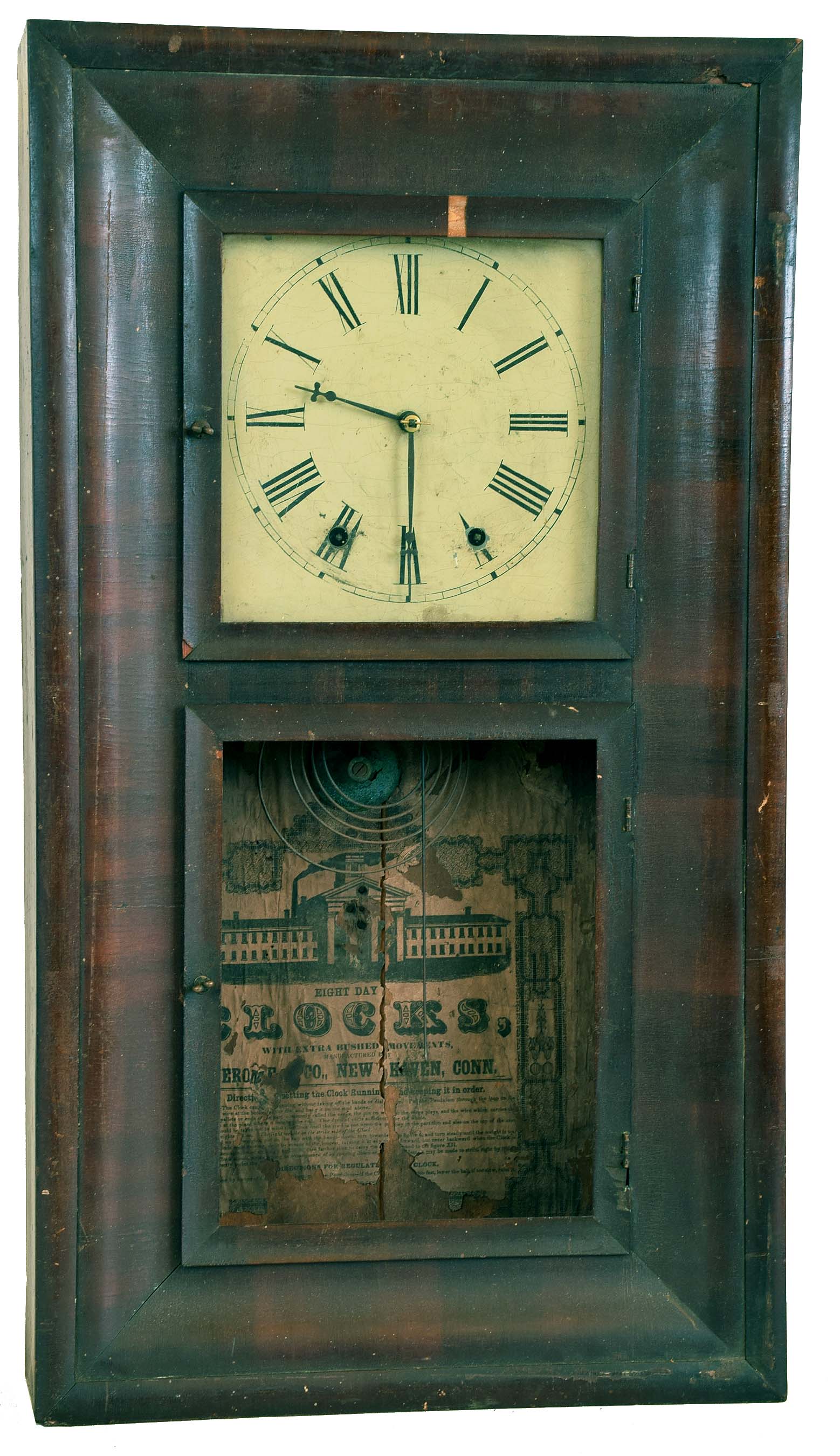 Clocks- 5 (Five): (1) Waterbury Clock Co., Waterbury, Conn., 30 hour, time and strike weight brass movement OG shelf clock, c1870 (2) Chauncey Jerome, Bristol, Conn., 30 hour, time and strike weight brass movement OG shelf clock, c1845 (3) Unsigned 30 hour, time and strike weight brass movement OG shelf clock. (4) Jerome & Co., New Haven, Conn. 8 day, time and strike weight brass movement OOG shelf clock, c1860 (5) Henry C. Smith, Plymouth, Conn., 30 hour, time and strike weight wood movement beveled case shelf clock, c1840 — Antique Clocks Price Guide