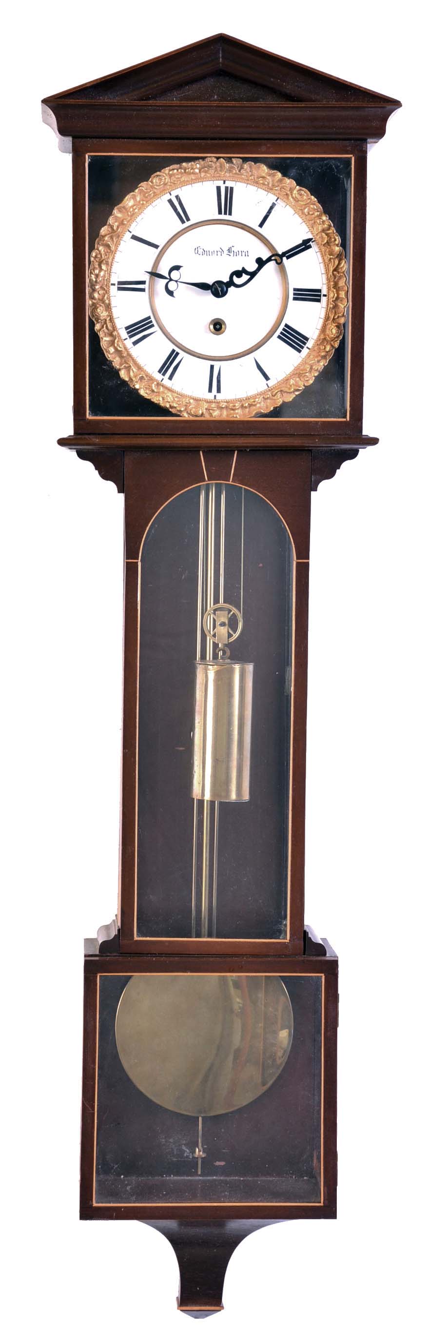 Laterndluhr, nine glass mahogany case, two part Roman numeral enamel dial with gilt bezel, brass pendulum and weight — Antique Clocks Price Guide