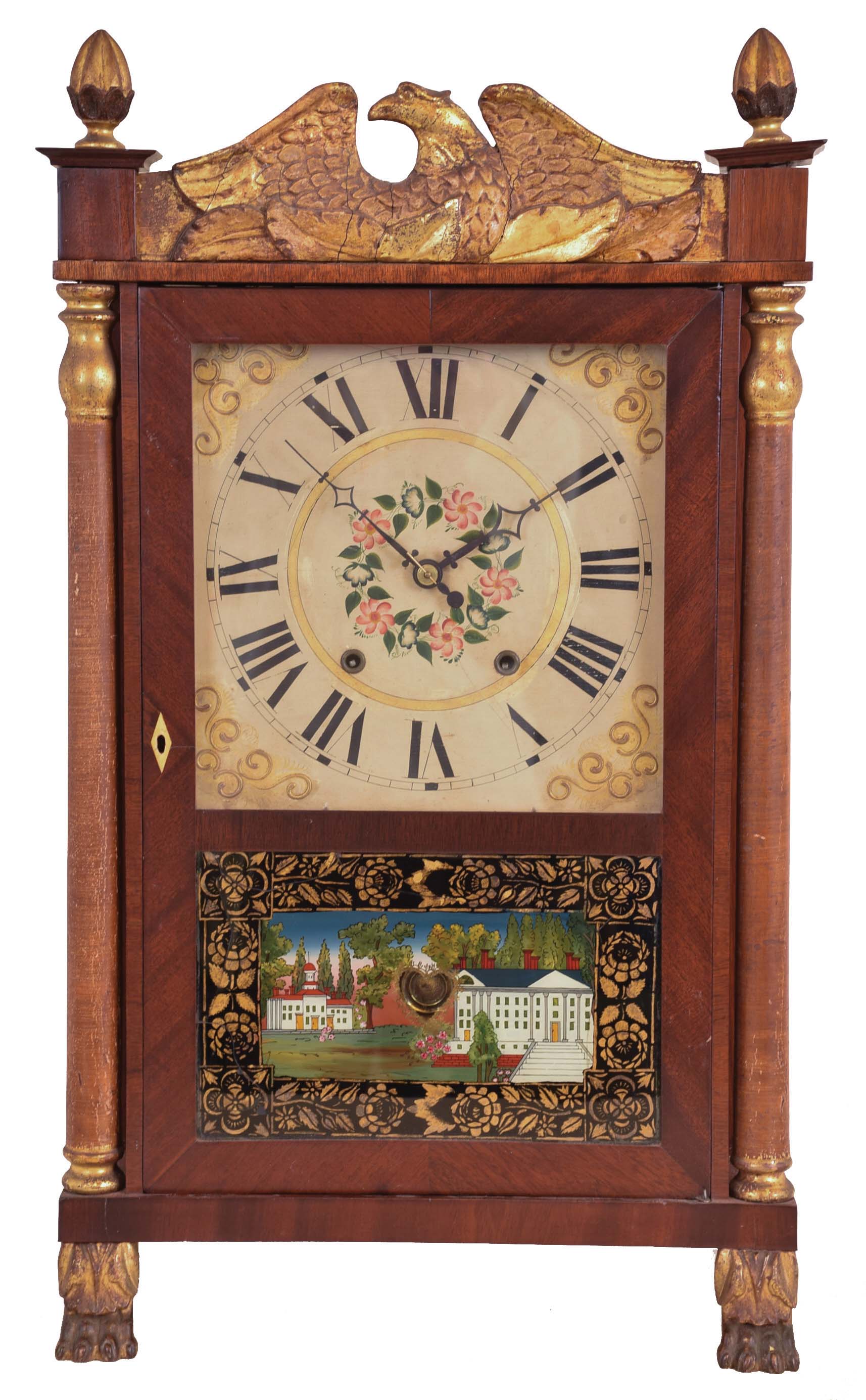 Atkins & Downs for George Mitchell, Bristol, Conn., 30 hour, time and strike weight wood movement full gilt top columns & gilt eagle splat shelf clock. — Antique Clocks Price Guide