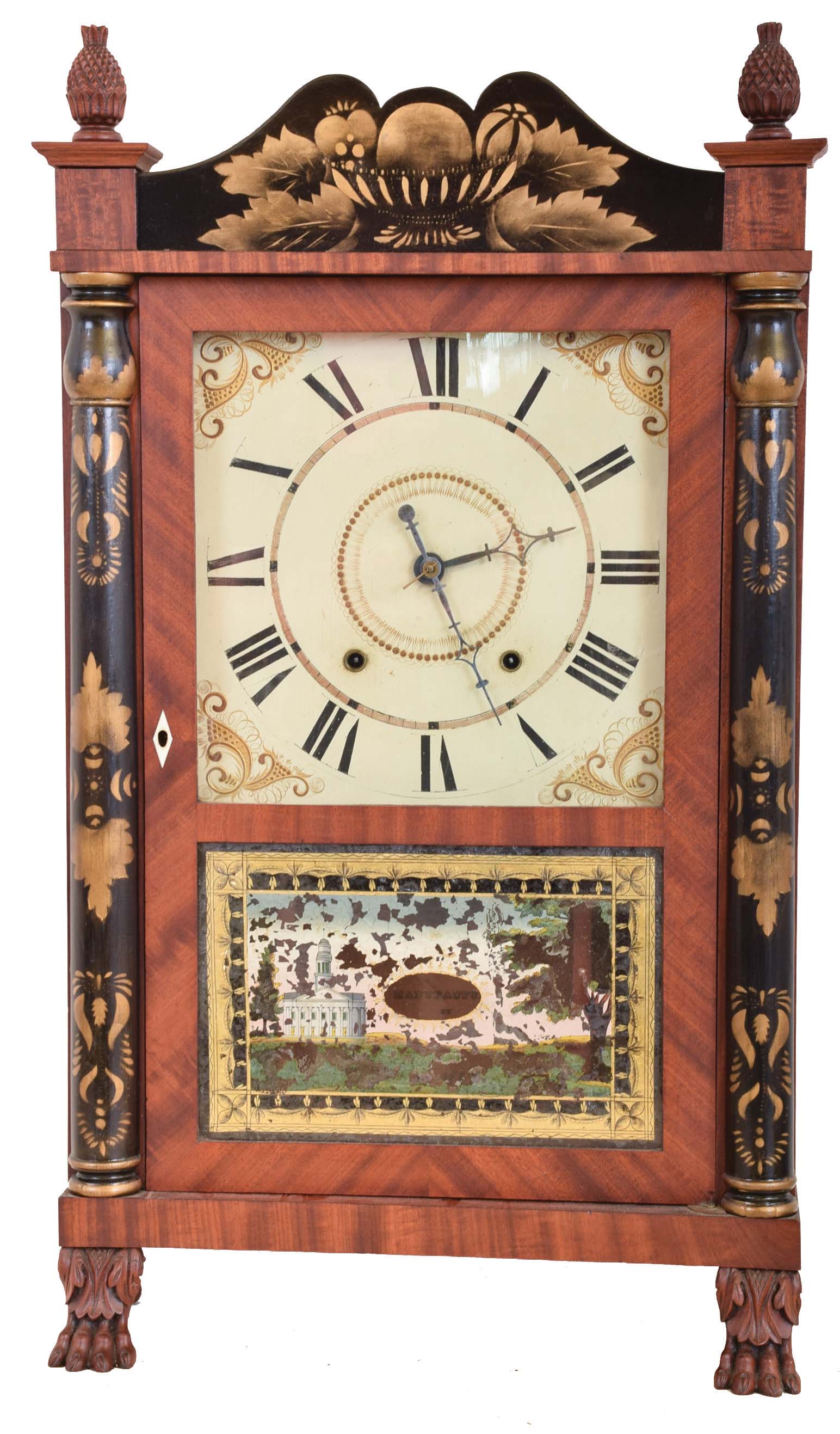 Charles Kirk for George Mitchell, Bristol, Conn., 30 hour, time and strike weight wood movement half column & splat shelf clock with carved paw feet and pineapple finials. — Antique Clocks Price Guide