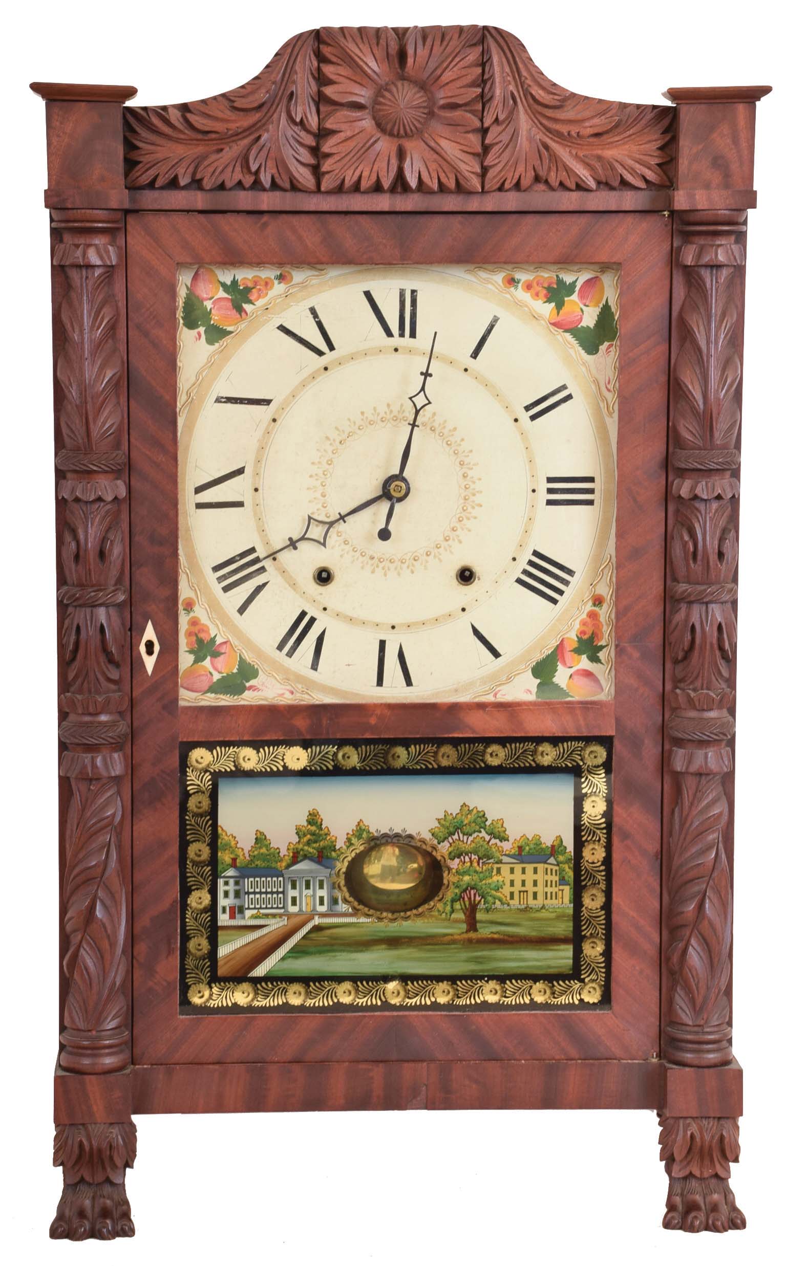 Seth Thomas Clock Co., Plymouth Hollow, Conn., Carved Column & Splat shelf clock with a weight driven 30 hour time and strike wooden works movement in a mahogany case. — Antique Clocks Price Guide