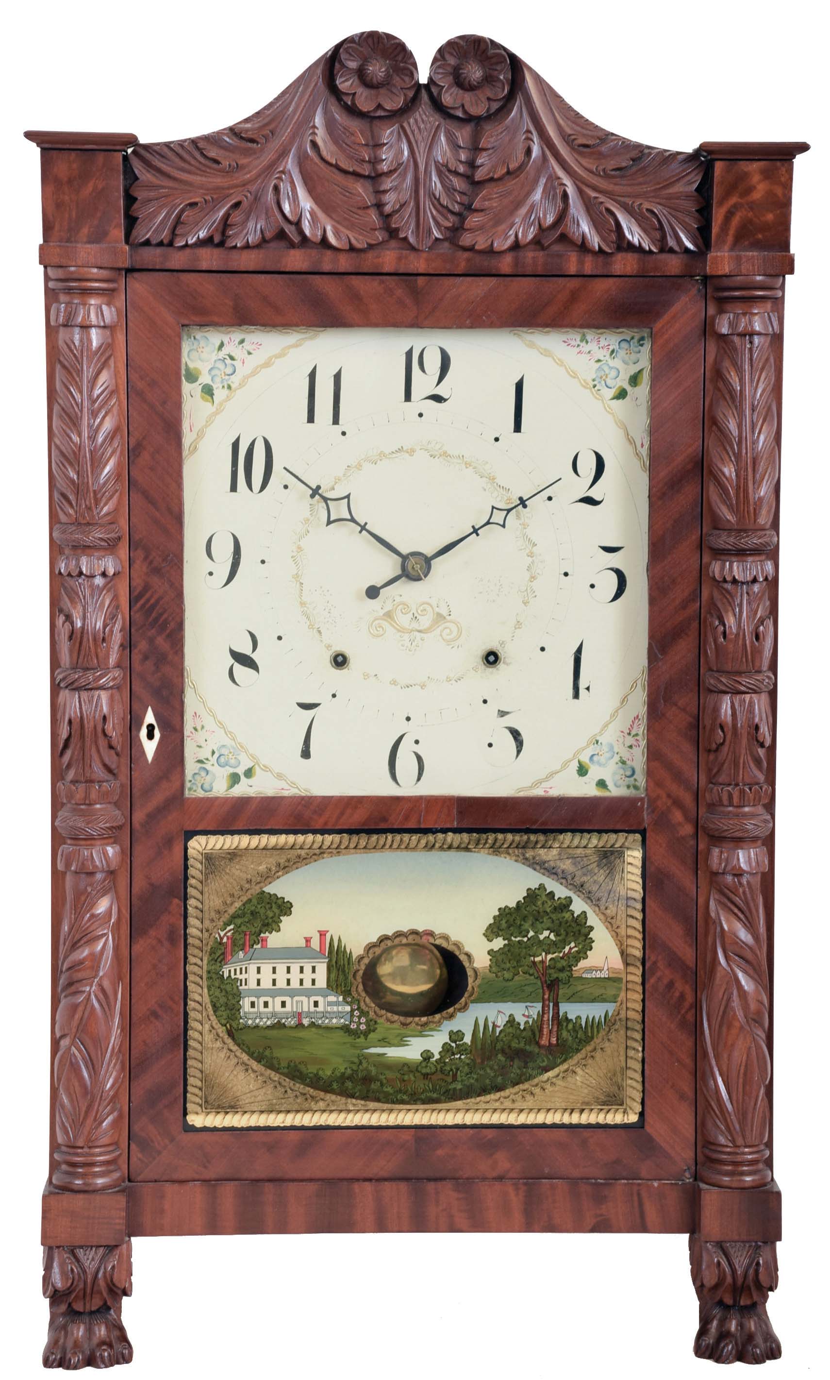 Seth Thomas Clock Co., Plymouth Hollow, Conn., Carved Column & Splat shelf clock with a weight driven 30 hour time and strike wooden works movement in a mahogany case. — Antique Clocks Price Guide