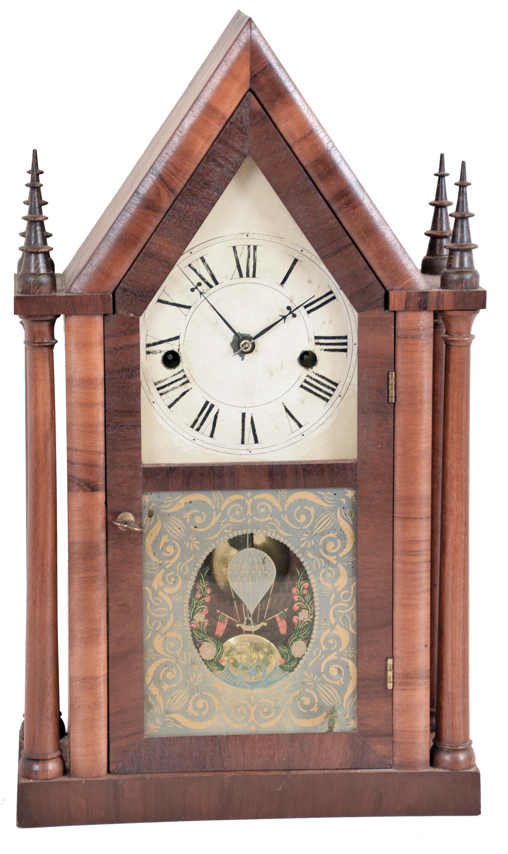 Terry & Andrews, Bristol. Conn "4 Column Steeple" shelf clock with a 30 hour time and strike brass movement in a mahogany case. — Antique Clocks Price Guide