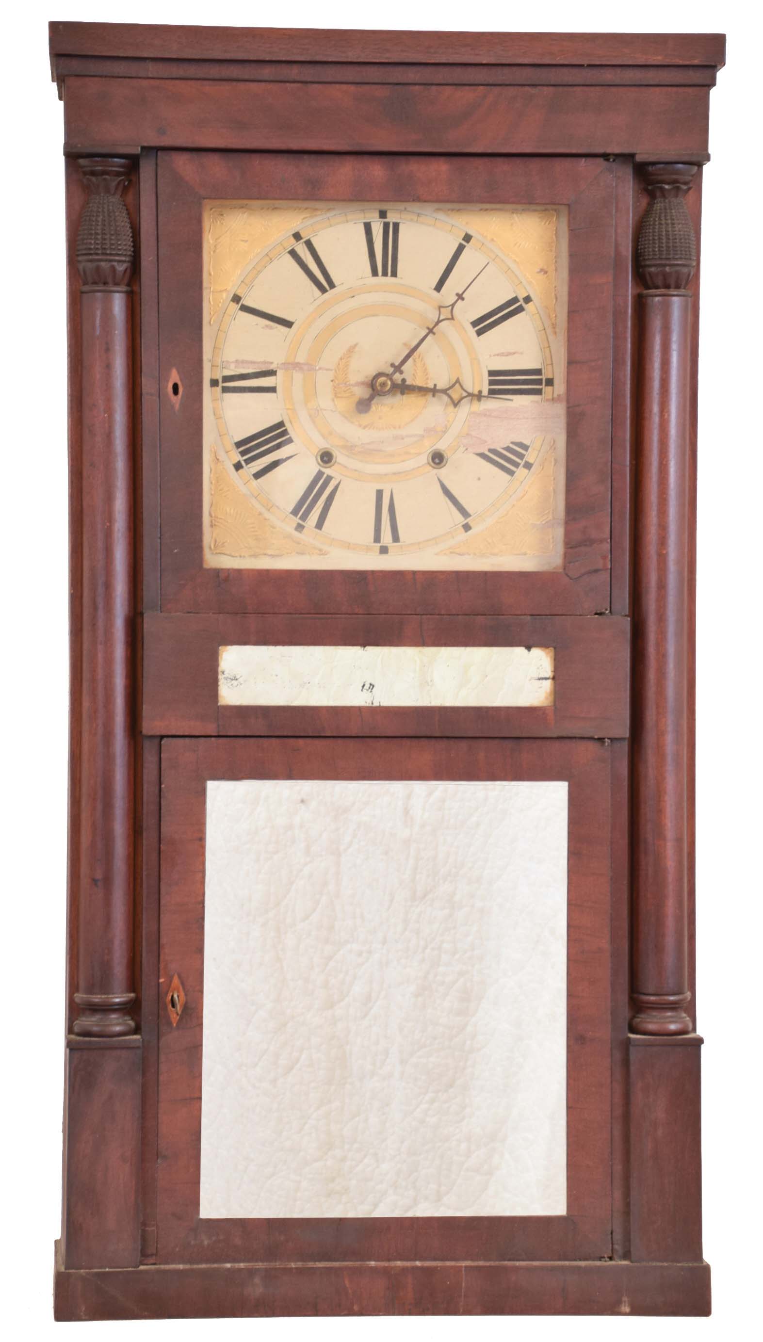 Jeromes & Darrow, Bristol, Conn., 8 day, time and strike weight wood movement half column shelf clock. — Antique Clocks Price Guide