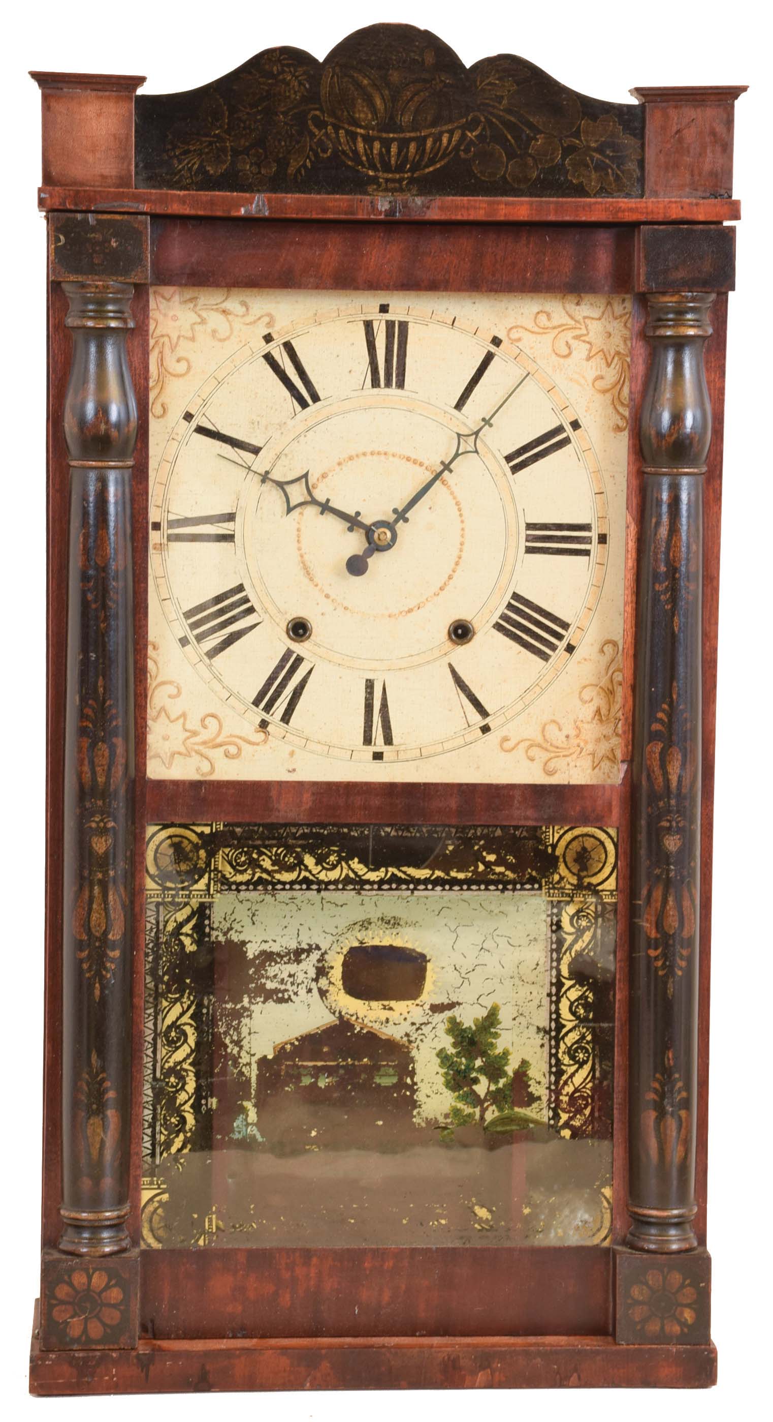 Putnam Bailey, Goshen, Conn. Stenciled Column and Splat" 3/4 size shelf clock with a weight driven 30 hour time & strike wooden works movement in a mahogany case. — Antique Clocks Price Guide