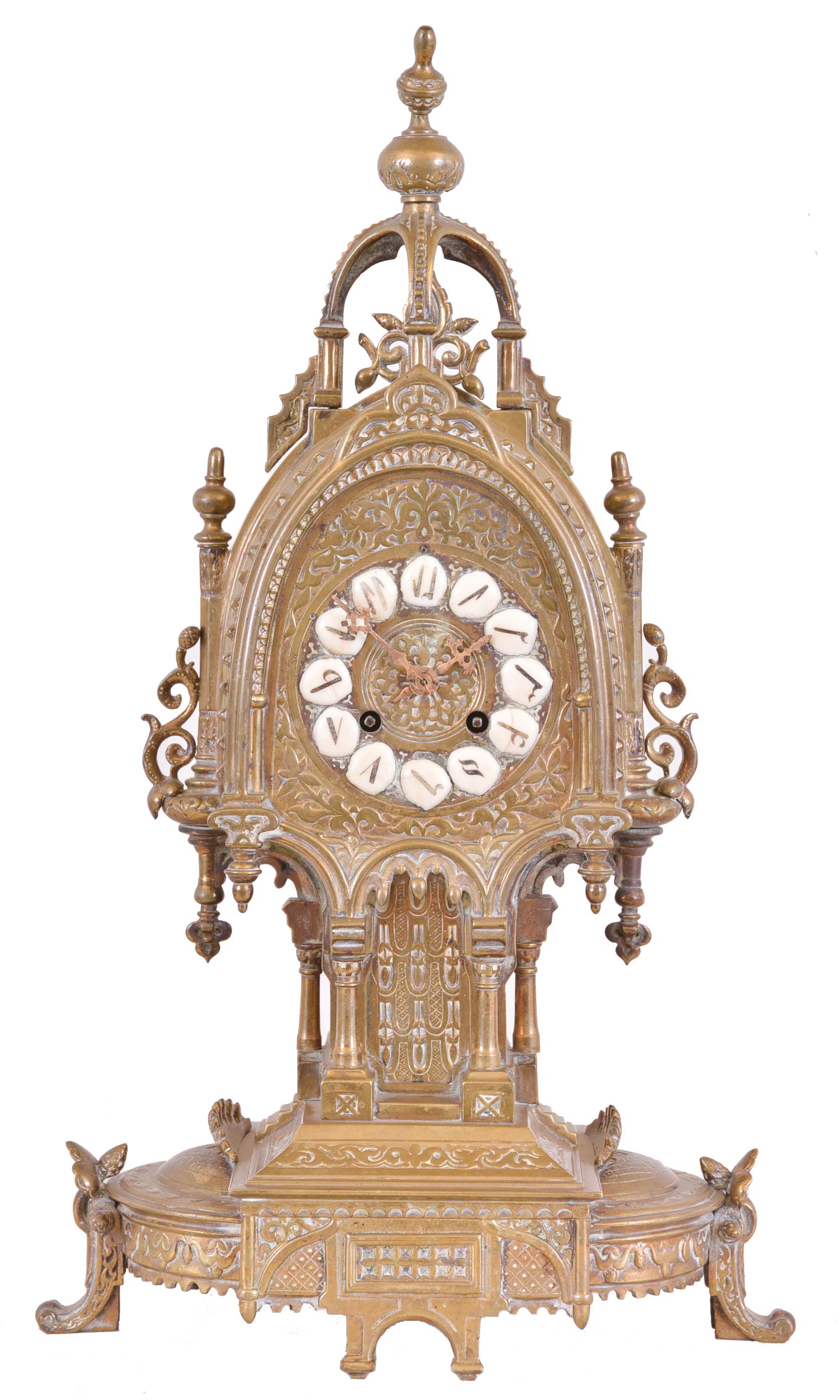 France, mantel clock for the eastern market, brass case with Moorish ornament, cast brass dial with Eastern Arabic numeral cartouches, 8 day time and strike pendule de Paris movement, marked "Maple & Co. Paris" — Antique Clocks Price Guide