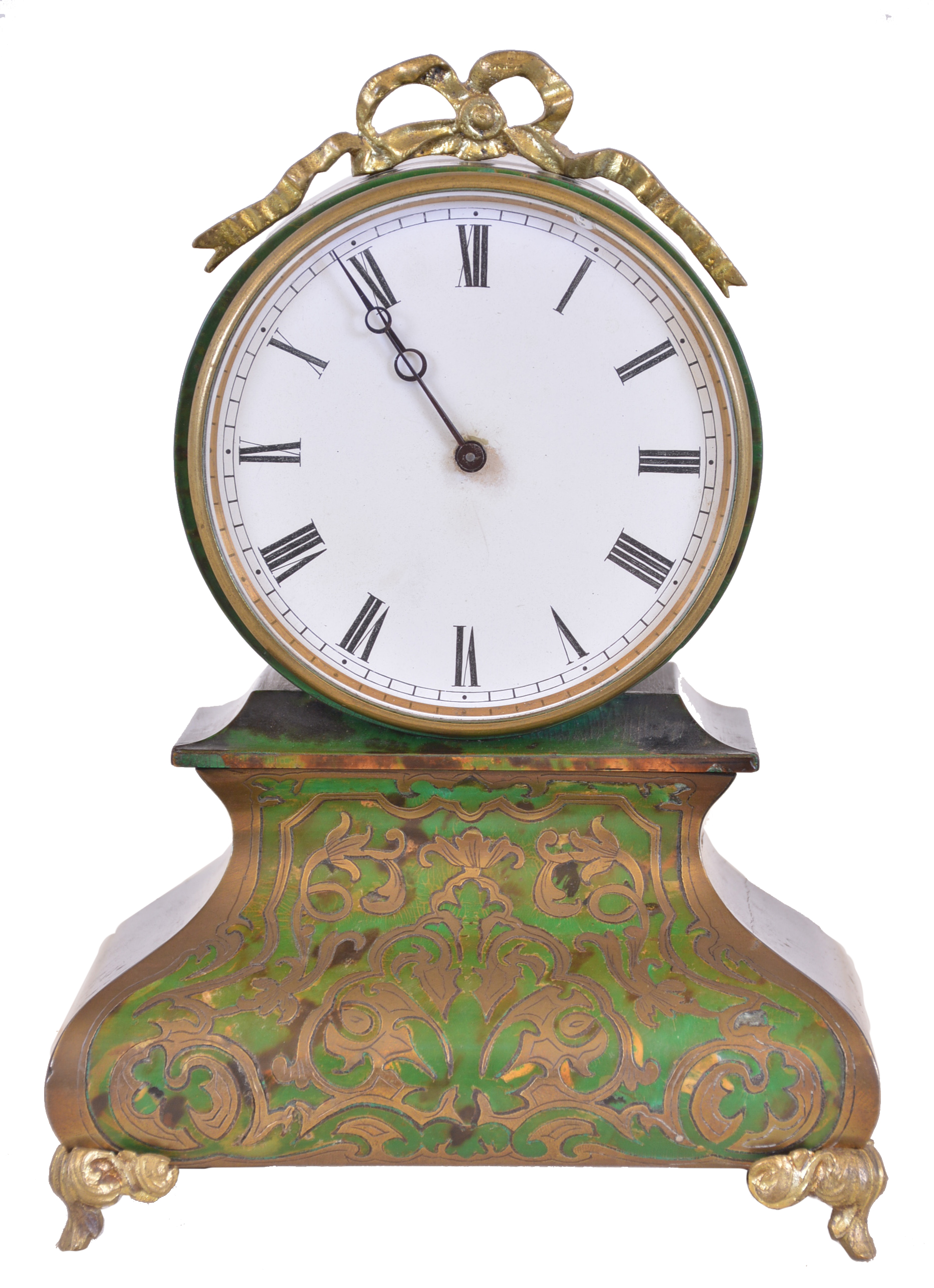 France, desk clock, ebonized case with bombe base on case feet supporting a drumhead case with cast, bowknot ornament, front of base with underpainted horn veneer and brass inlay, Roman numeral glossy card stock dial, blued steel Breguet style hands, 8 day timepiece movement — Antique Clocks Price Guide