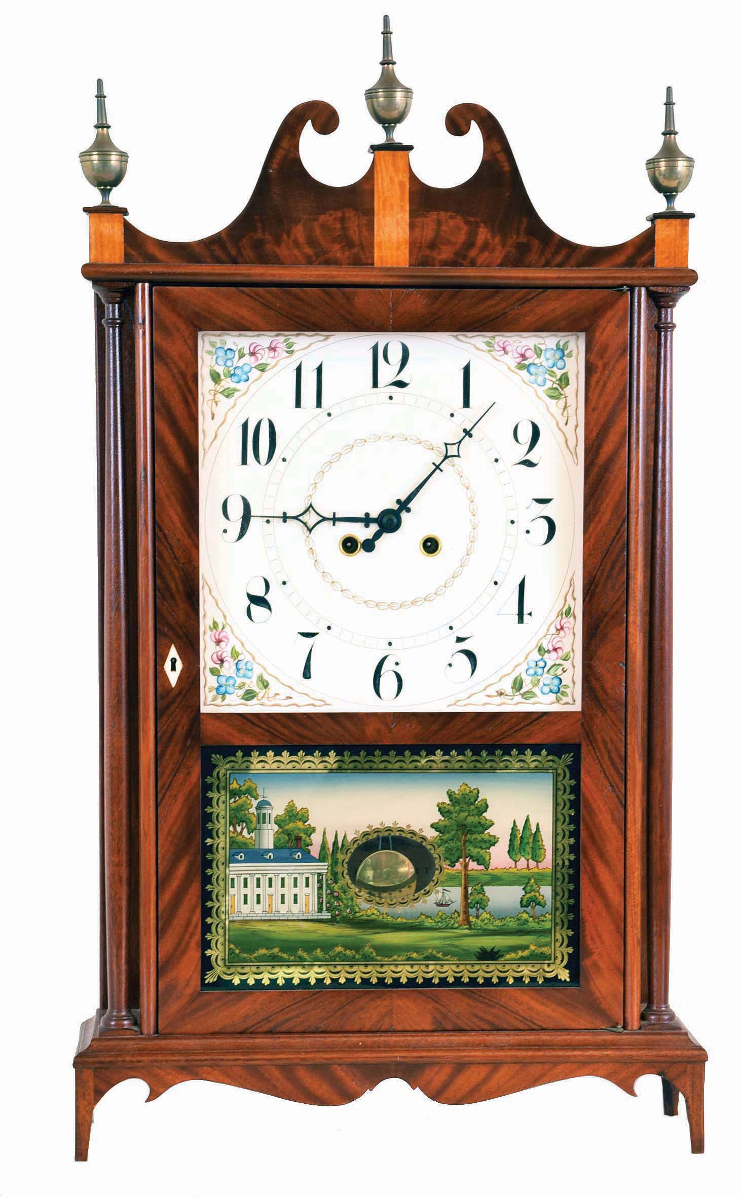 Robert B. Materne, Bristol, RI, 8 day, time and strike spring brass movement copy of an Eli Terry Pillar & Scroll shelf clock. Clock is numbered 163. Mr. Materne has been making fine reproduction clocks including this model for years. He now lives in Pawtucket, RI and maintains a Web site. — Antique Clocks Price Guide