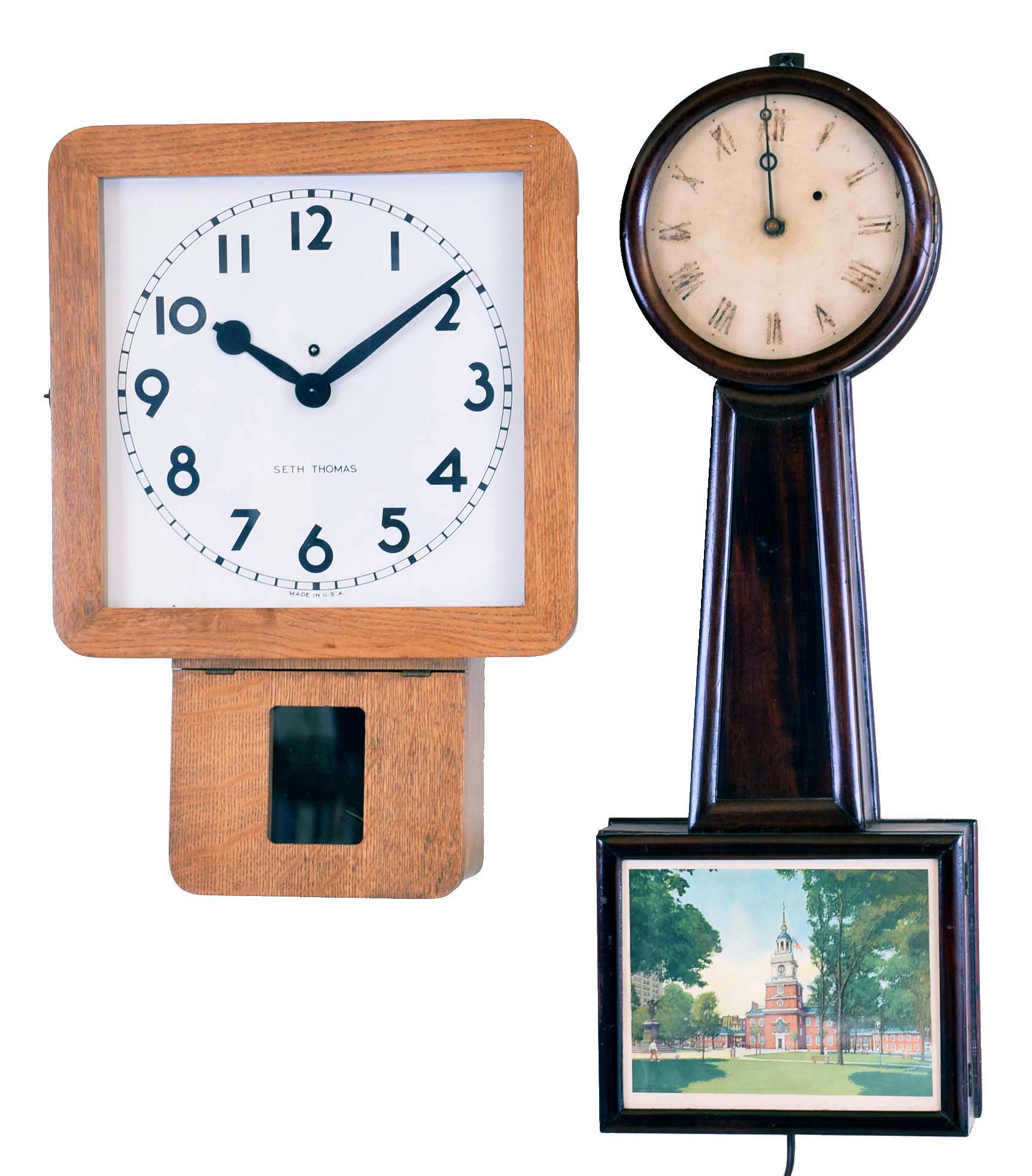 Clocks- 3 (Three): (1) Seth Thomas Clock Co., Thomaston, Conn., "Assembly 3", 8 day, spring brass movement wall timepiece, c1940 (2) Massachusetts Patent or banjo timepiece case, c1840; (3) The Prentiss Clock Improvement Co., New York, time only gallery wall clock in square oak case — Antique Clocks Price Guide