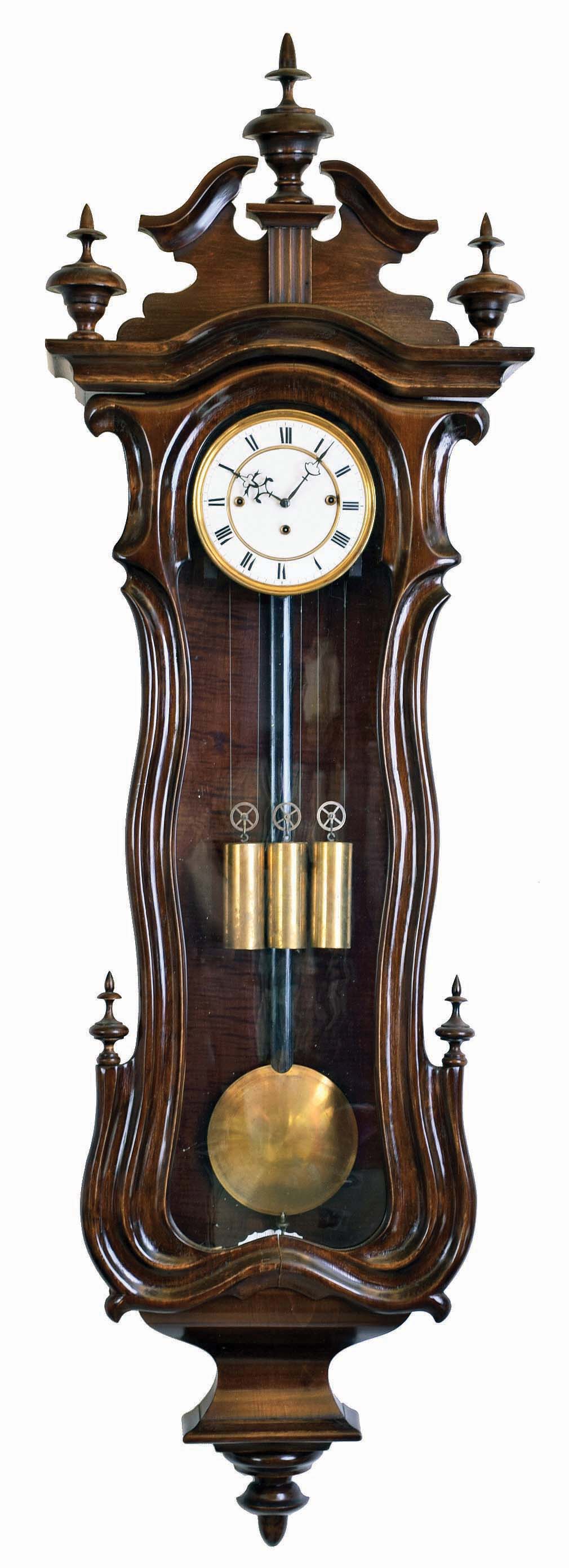 Vienna Regulator unsigned 8 day 3 weight quarter striking walnut wall clock — Antique Clocks Price Guide