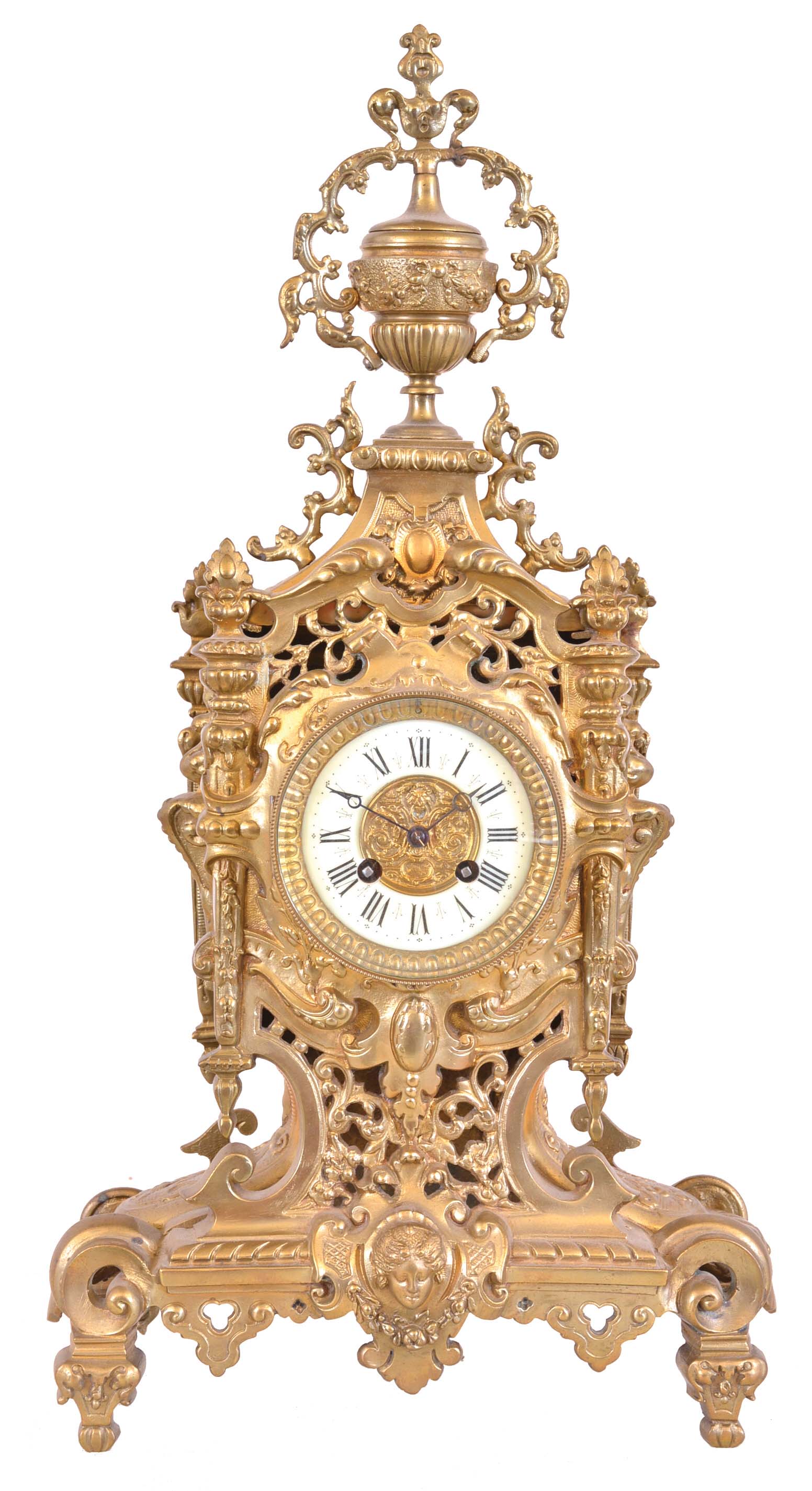 France, mantel clock, the case with piercing and cast ornament, Roman numeral white enamel dial, blued steel Breguet style hands, 8 day time and strike pendule de Paris movement — Antique Clocks Price Guide