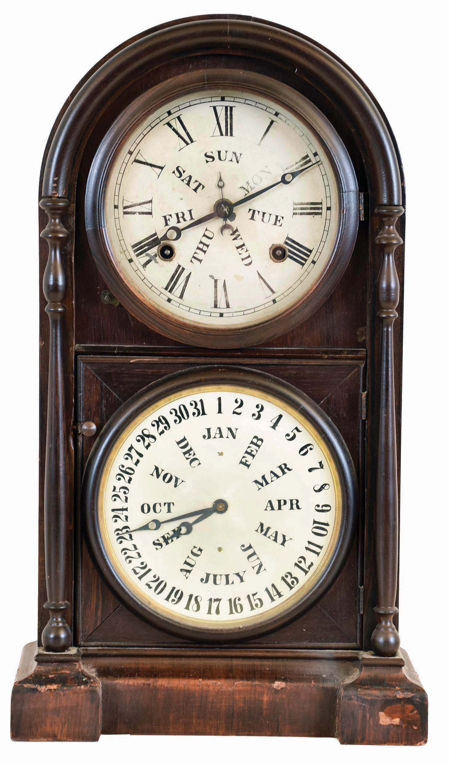 Welch, Spring, & Co., Forestville, Conn., "Italian No. 3", 8 day, time and strike spring brass movement double dial calendar shelf clock with B. B. Lewis patent calendar. — Antique Clocks Price Guide