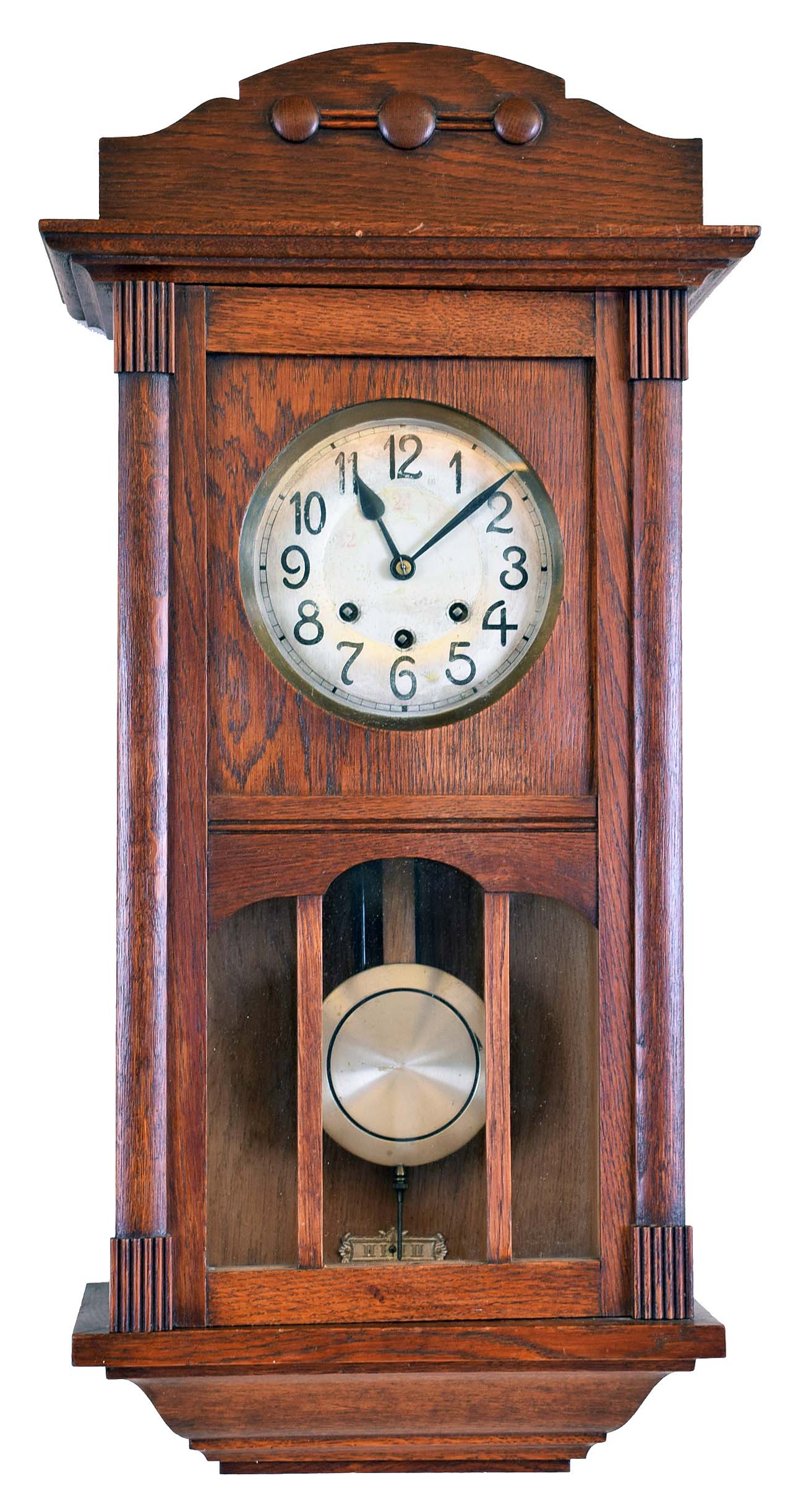 Clocks- 2 (Two) German 8 day wall clocks: unsigned spring wound Westminster chime oak box regulator; Gustav Becker 2 weight time and strike walnut Vienna regulator with signed Medaille- D'Or movement #446242, beveled glass front door panels, matching pattern on pendulum, weights and dial; late 19th century — Antique Clocks Price Guide