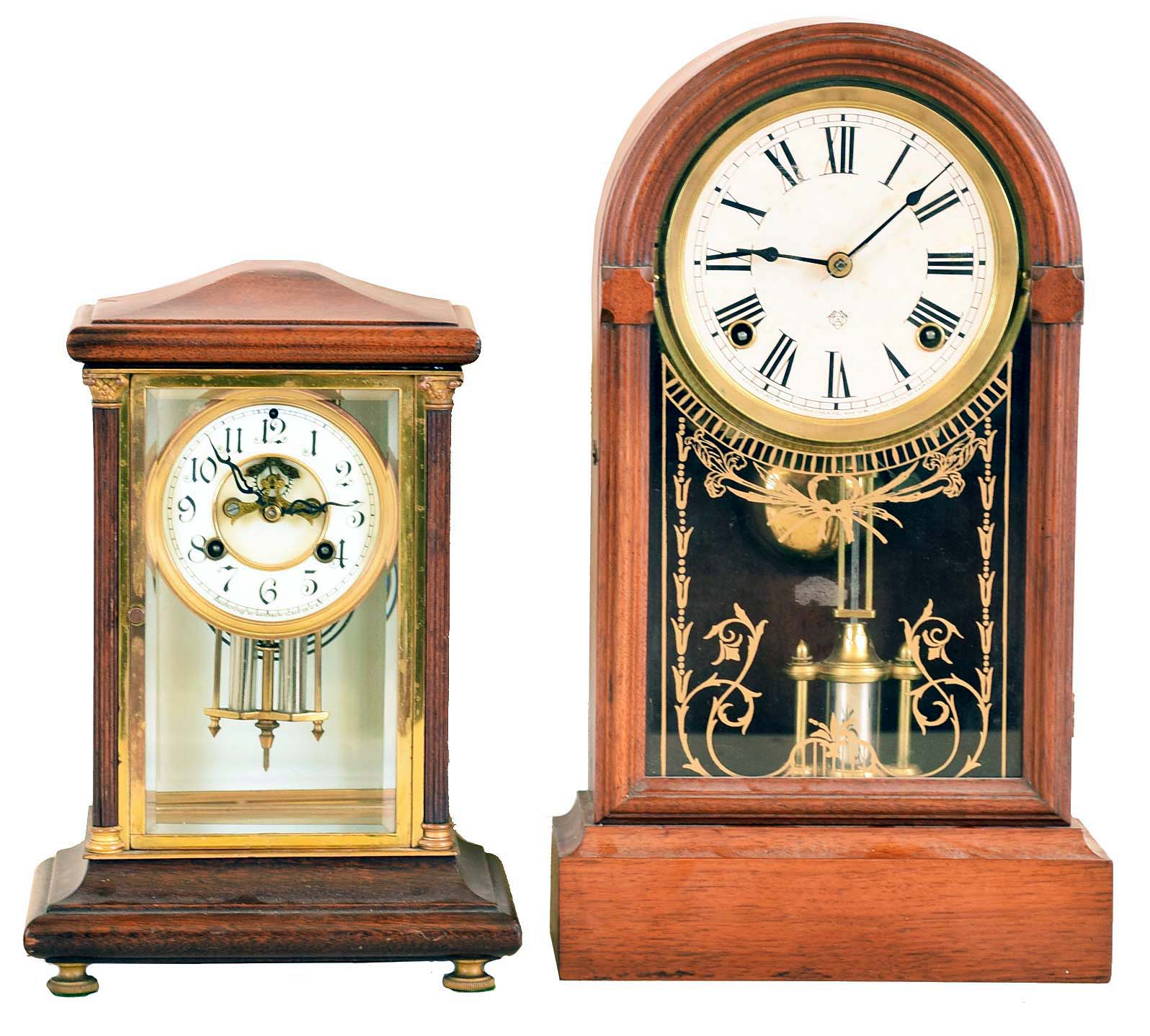 Clocks- 2 (Two): (1) Waterbury Clock Co., Waterbury, Conn., "Vendee", 8 day, time and strike spring brass movement wood and brass case crystal regulator c1908 (2) Ansonia Clock Co., New York, NY, 8 day, time and strike spring brass movement round top shelf clock, c1900 — Antique Clocks Price Guide