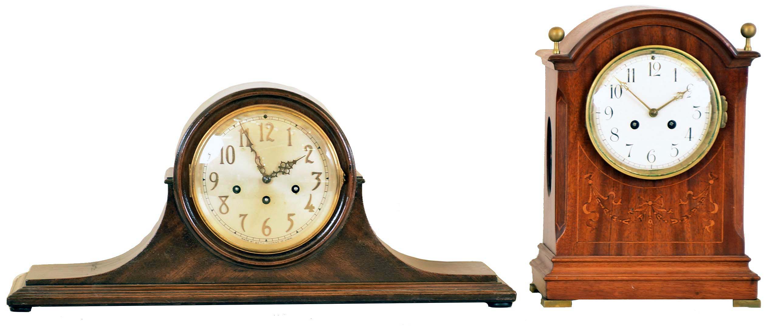 Clocks- 2 (Two): (1) Seth Thomas Clock Co., Thomaston, Conn., "Chime Clock No. 75", 8 day, time, strike and Westminster chime on rods spring brass movement Tambour mantel clock, c1921 (2) French, for Harris & Harrington (H&H), 8 day, time and strike spring brass movement bracket clock, c1900 — Antique Clocks Price Guide