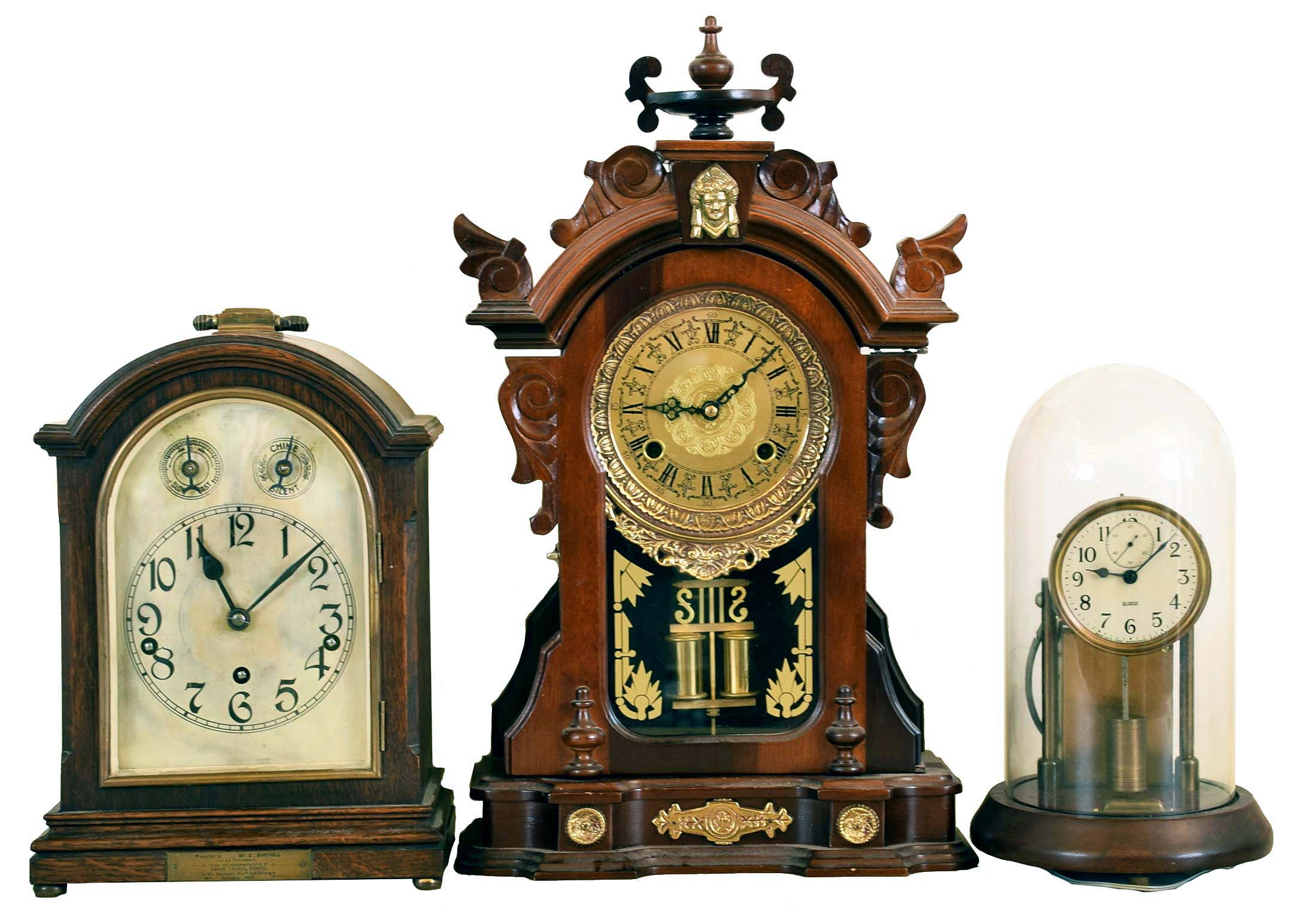 Clocks- 3 (Three): (1) Korean, 8 day, time and strike spring brass movement copy of an Ansonia "Monarch", c1980 (2) German, Mueller & Co., 8 day, time, strike and Westminster chime spring brass movement bracket clock, c1925 (3) Barr Manufacturing Co. Weedsport, New York, "Executive Model", battery timepiece under dome, c1937 — Antique Clocks Price Guide